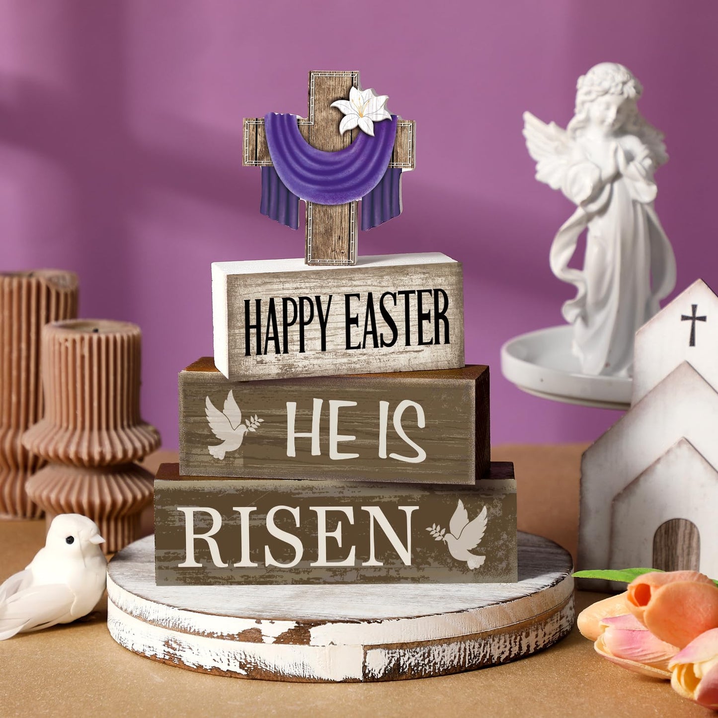 4 Pcs Easter Decorations He Is Risen Wooden Sign Christian Table Centerpiece Religious Cross Tiered Tray Decor Decorative Faux Book Stack Block for Table Fireplace Mantel Floating Shelf