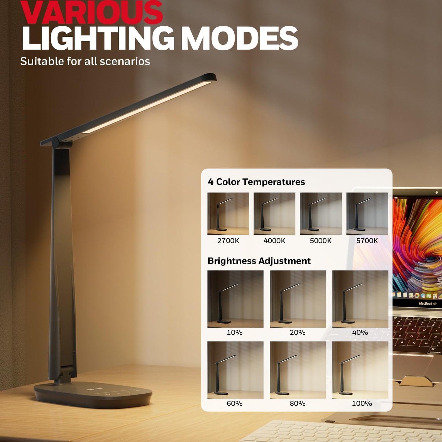 Honeywell HWT-H2 LED Desk Lamp, CRI94 Full Spectrum Eye-Caring Table Light, Foldable Dimmable 4 Color Modes with USB A+C Charging Ports for Home Office Bedroom Reading Study Work (Black)