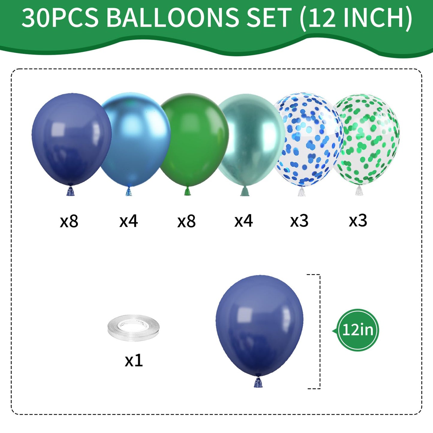 Blue and Green Balloon Set, 12 Inch Navy Blue Dark Green Balloon Metallic Chrome Green Blue Balloons, Confetti Green Blue Balloons for Jungle Safari Theme Boys Birthday Party Decorations