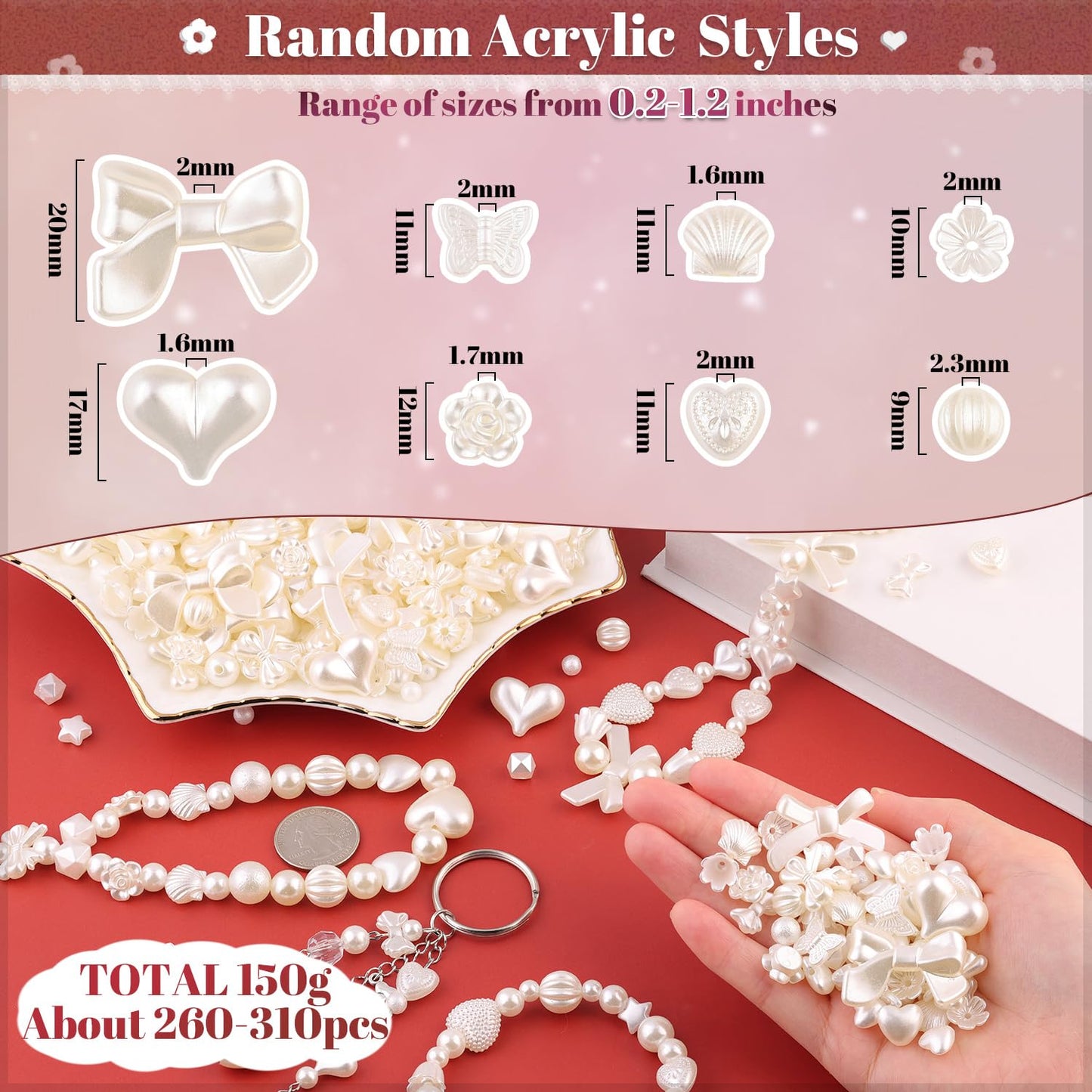 TINKRSTUFF Assorted 270-320PCS Mix ABS Imitation Pearl Beads for Bracelet Making, Bow Butterfly Heart Kawaii Aesthetic Acrylic Beads,Cute Beads for Jewelry Making DIY Necklace Keychain Phone Charms
