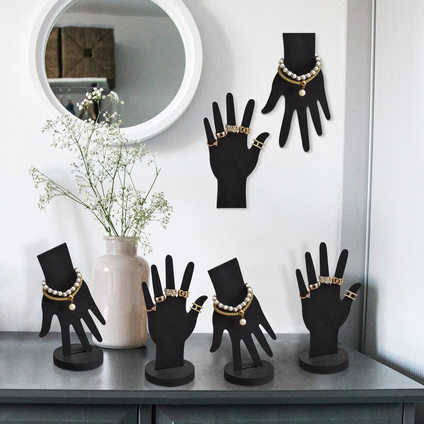 MOOCA 6-Piece Real Wooden Hand Form Jewelry Display Set, 2 Way Design for Wall Hanging or Standalone Mannequin Finger Hand Display, Premium Real Wood Sturdy Base, Black Color