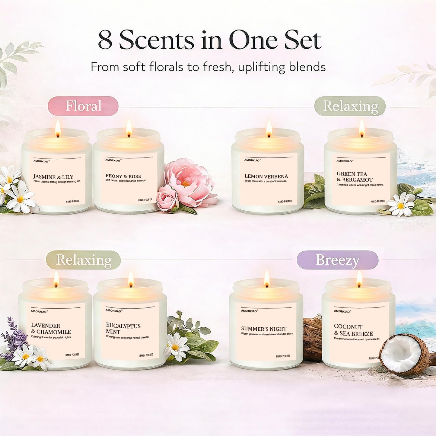Scented Candles Gift Set, 8 Pack Soy Wax Candles for Home, Floral Fresh Aromatherapy Scents for Women, Birthday, Mother's Day