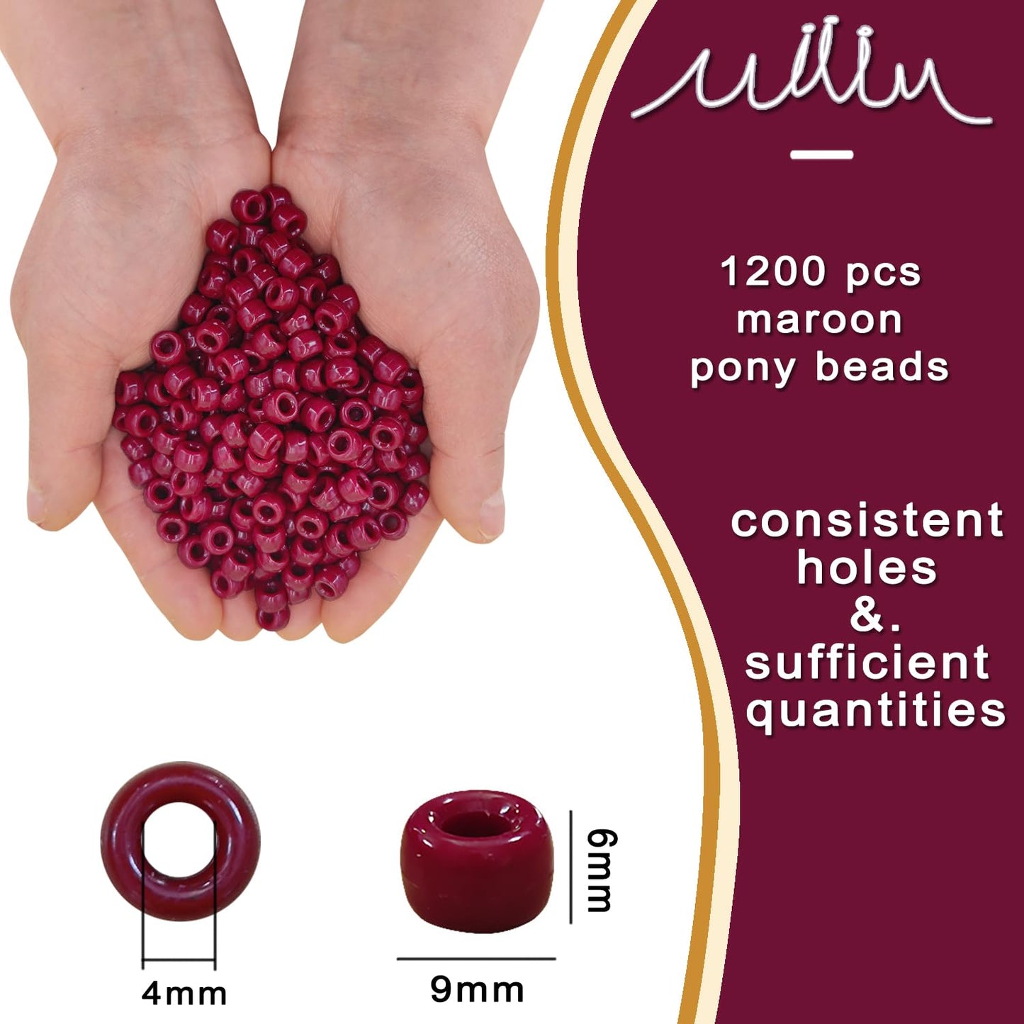 MIIIM 1200PCS 6x9mm Maroon Pony Beads Bulk, Kandi Beads for Bracelets Making Kit, Hair Braids Crafts for Jewelry Making (Maroon)