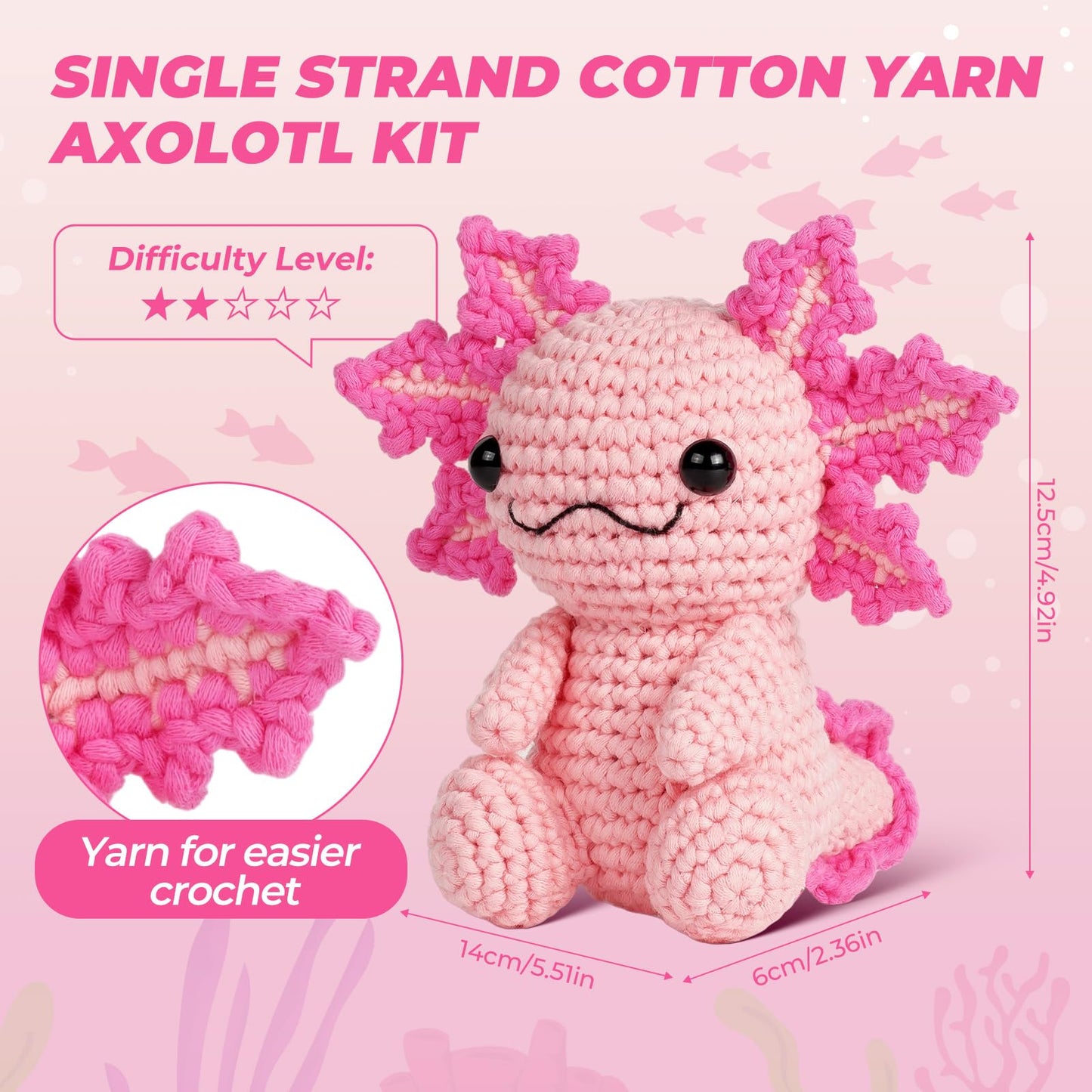 Crochet Kit for Beginners, Crochet Animal Kits, Amigurumi Crocheting Kit for Starters with Step-by-Step Video Tutorials, Beginner Crochet Kit for Adults (Axolotl 1Pack)