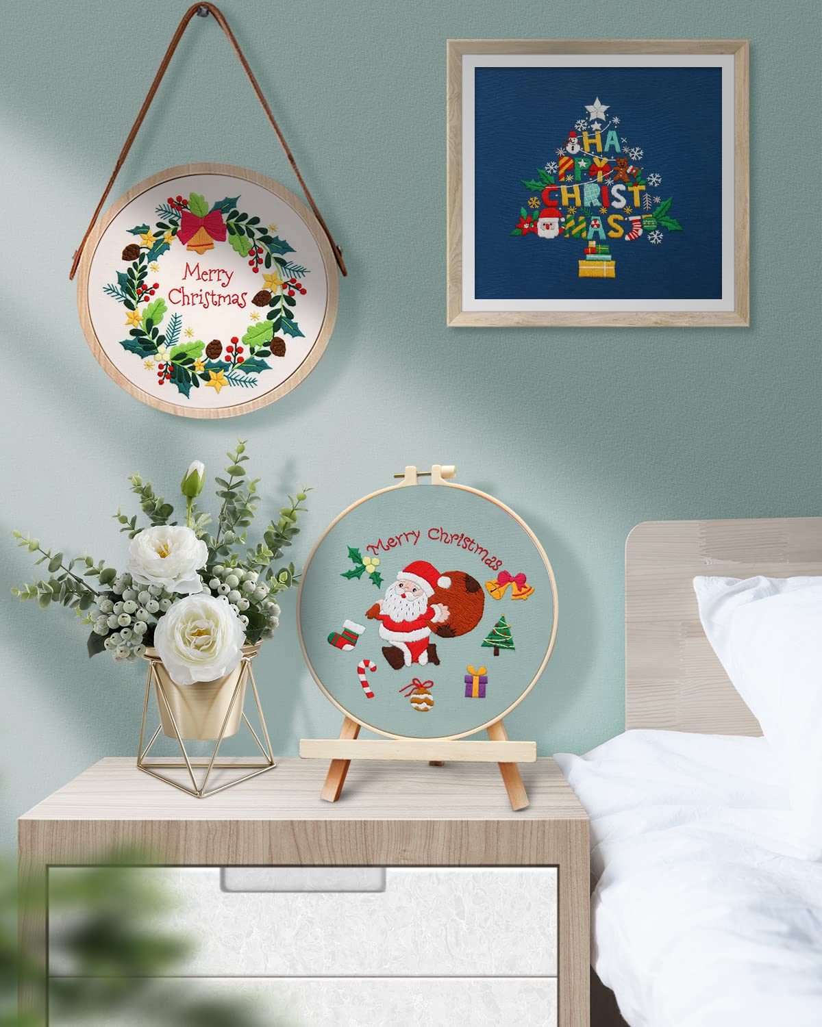 Christmas Embroidery Kit for Adult Beginners, 3 Sets Embroidery Stitch Practice kit Include Embroidery Cloth Hoops Threads for Craft Lover Hand Stitch