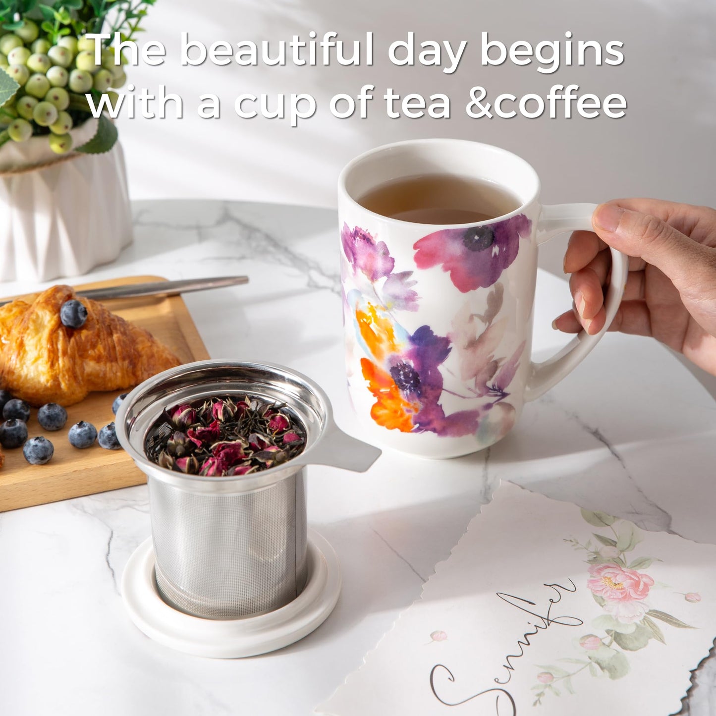 Porcelain Tea Mug with Infuser and Lids, 18 Oz Large Cup Strainer with Bag Holder for Loose Leaf Tea, Steeping Coffee Mug for House-warming Wedding Birthday Gift