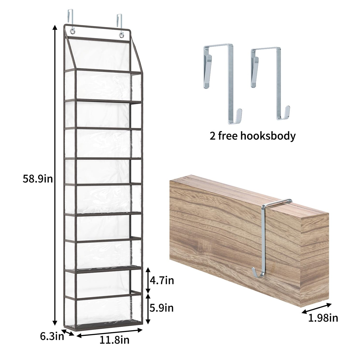 The Door Hanging Pantry Organizer 5-Shelf Room Organizer with Clear Plastic Pockets Behind The Door Storage Organizer Large Capacity Organizer for Closet Bedroom Bathroom (Grey)