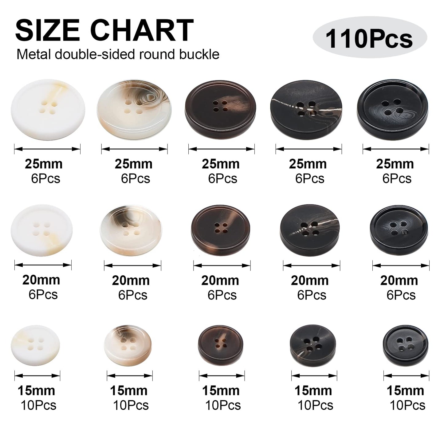 OELFFOW 110Pcs Mixed Sewing Buttons, 4-Hole Craft Round Blazer Buttons, 5 Color 3 Size(15mm,20mm,25mm) Suit Coats Resin Button, Suitable for Variety Clothing Sewing, DIY Craft(White)