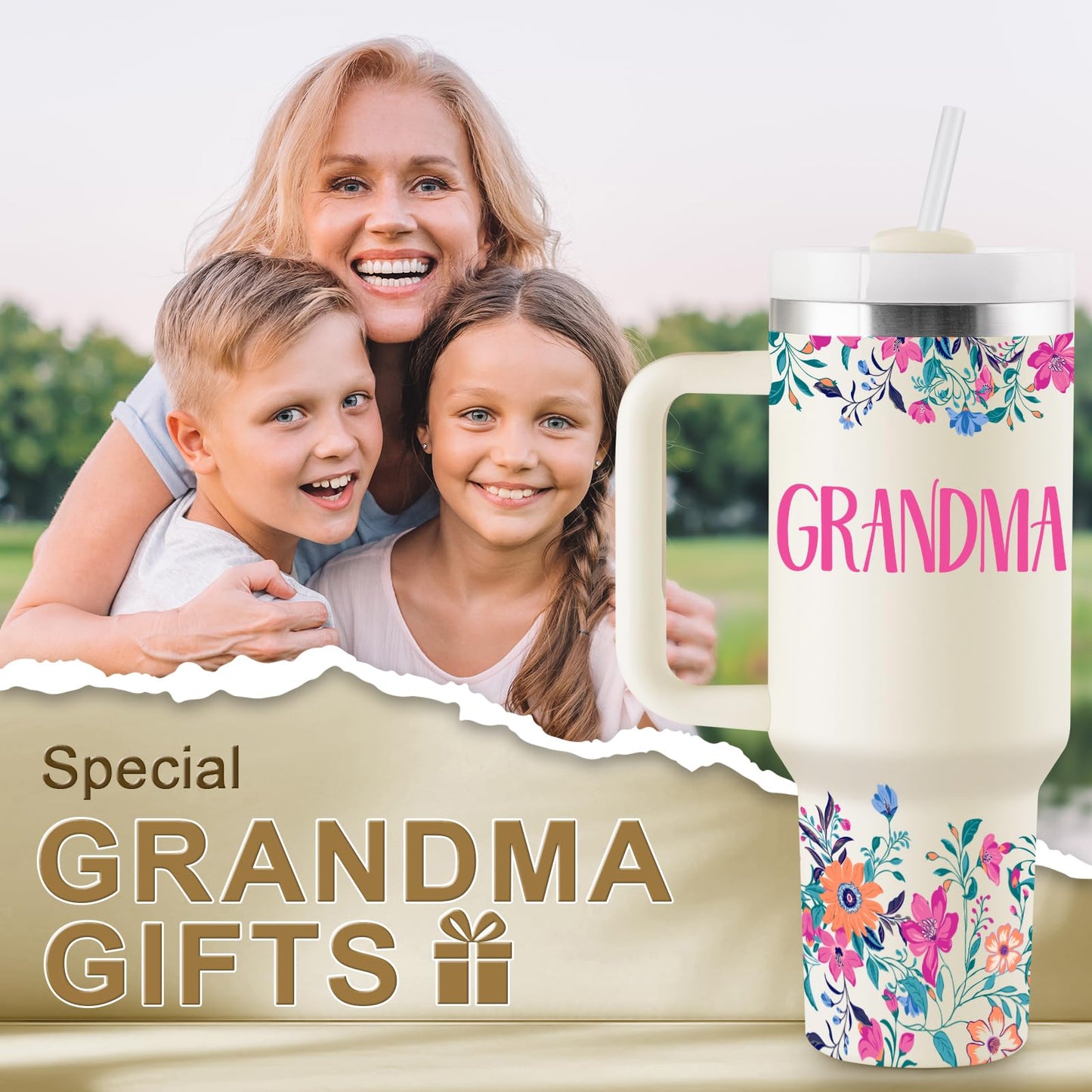 ROSTANTEN Grandma Gifts Mothers Day Gifts for Grandma Great Grandmother Birthday Gift Ideas Best Grandmother Gift from Granddaughter Grandson 40oz Travel Cup Insulated Tumbler with Lid & Straw