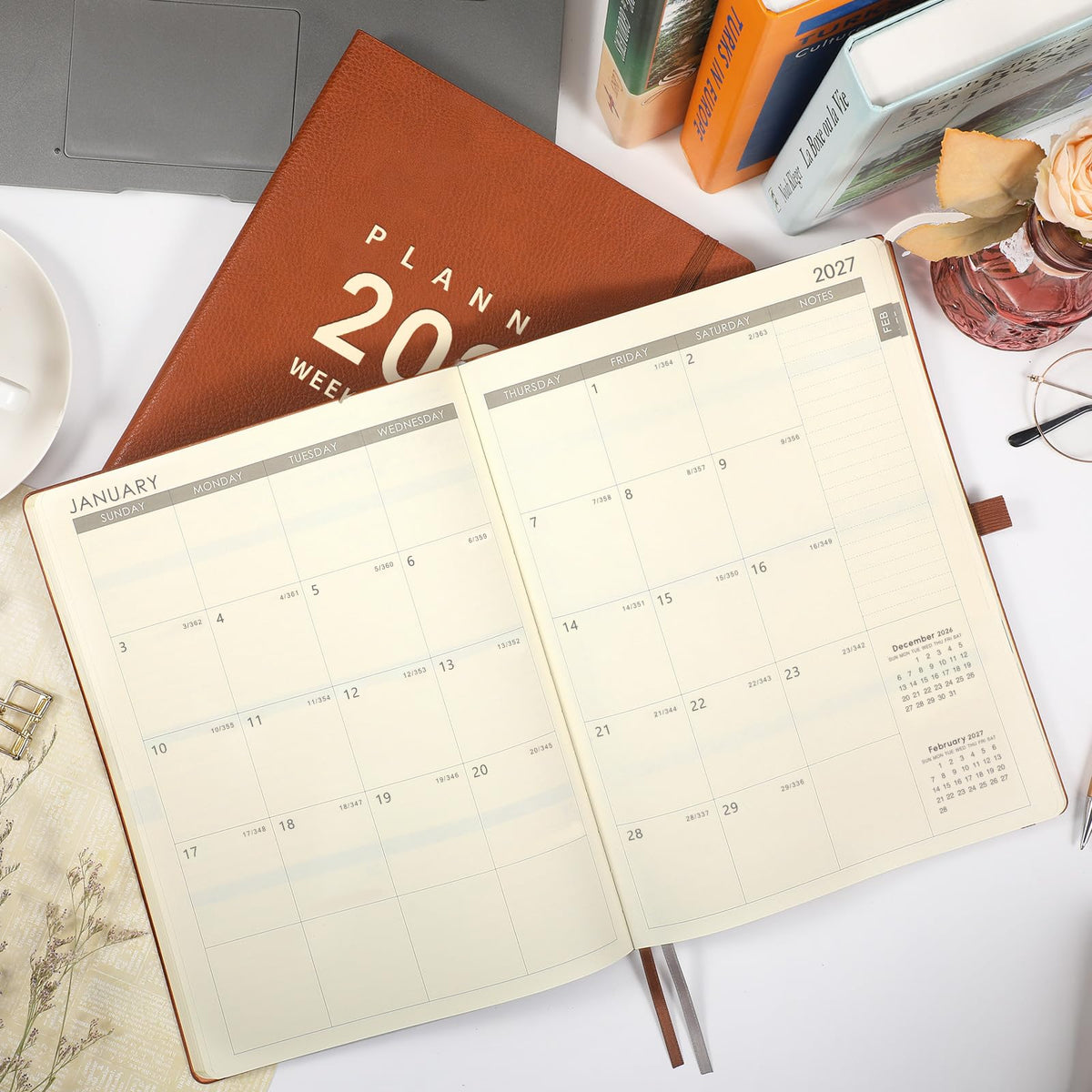 2027 Planner - 2027 Planner Weekly and Monthly, 8.5" x 11", Jan-Dec 2027, Faux Leather Cover, Pen Holder, Pocket, 25 Notes Pages, A4 Premium Paper - Brown