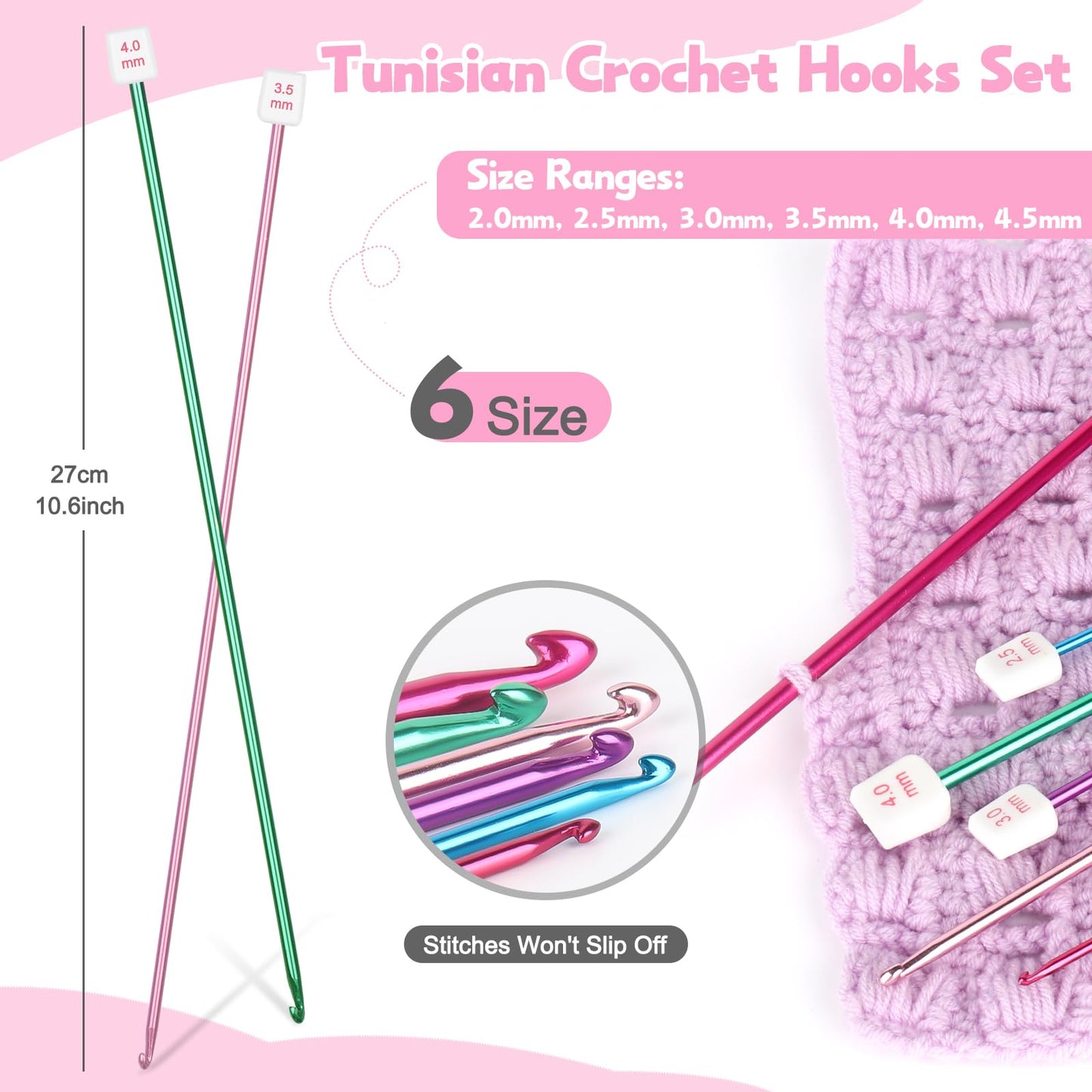Katech 6 Sizes Tunisian Crochet Hooks Set-Long Afghan Tunisian Crochet Hooks-Beginners Crochet Hook Set Aluminum Crochet Needles for Crocheting Knitting Crochet Supplies (Stitches Won't Slip Off)
