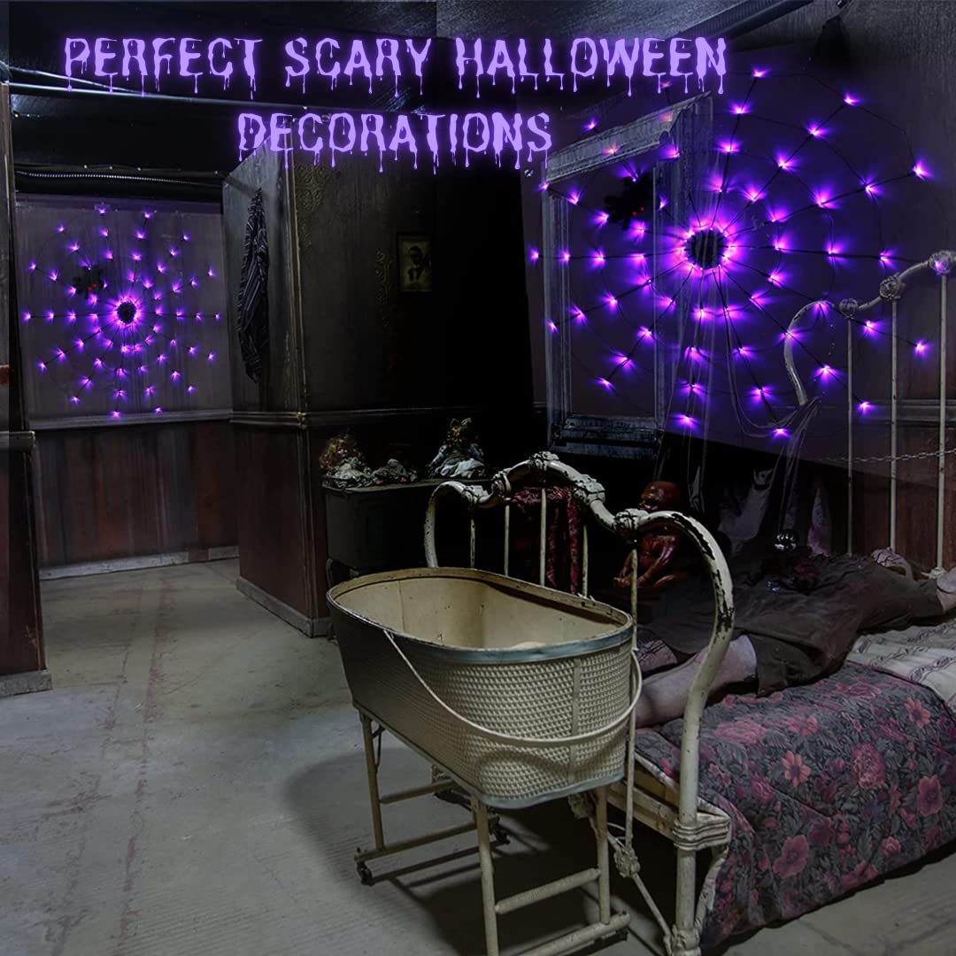 Halloween Decorations Spider Web Lights - 4FT Diameter 70 LED with Black Spider, Waterproof Net Lights, Remote Control, 8 Modes Cobweb Halloween Decorations for House Garden Indoor Outdoor (Purple)