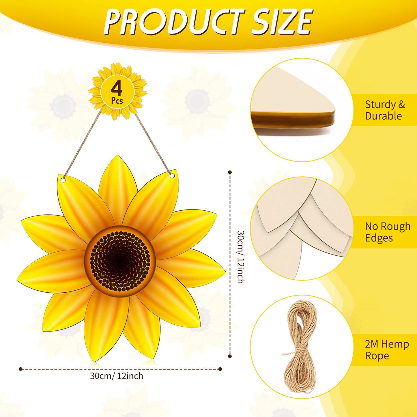 Unfinished Sunflower Wood Cutout Sunflower Sign Cutouts Sunflower Wood Door Hanger with 2.2 Yards Natural Rope for DIY Painting Hanging Welcome Sign Spring Summer Home Decoration (4)