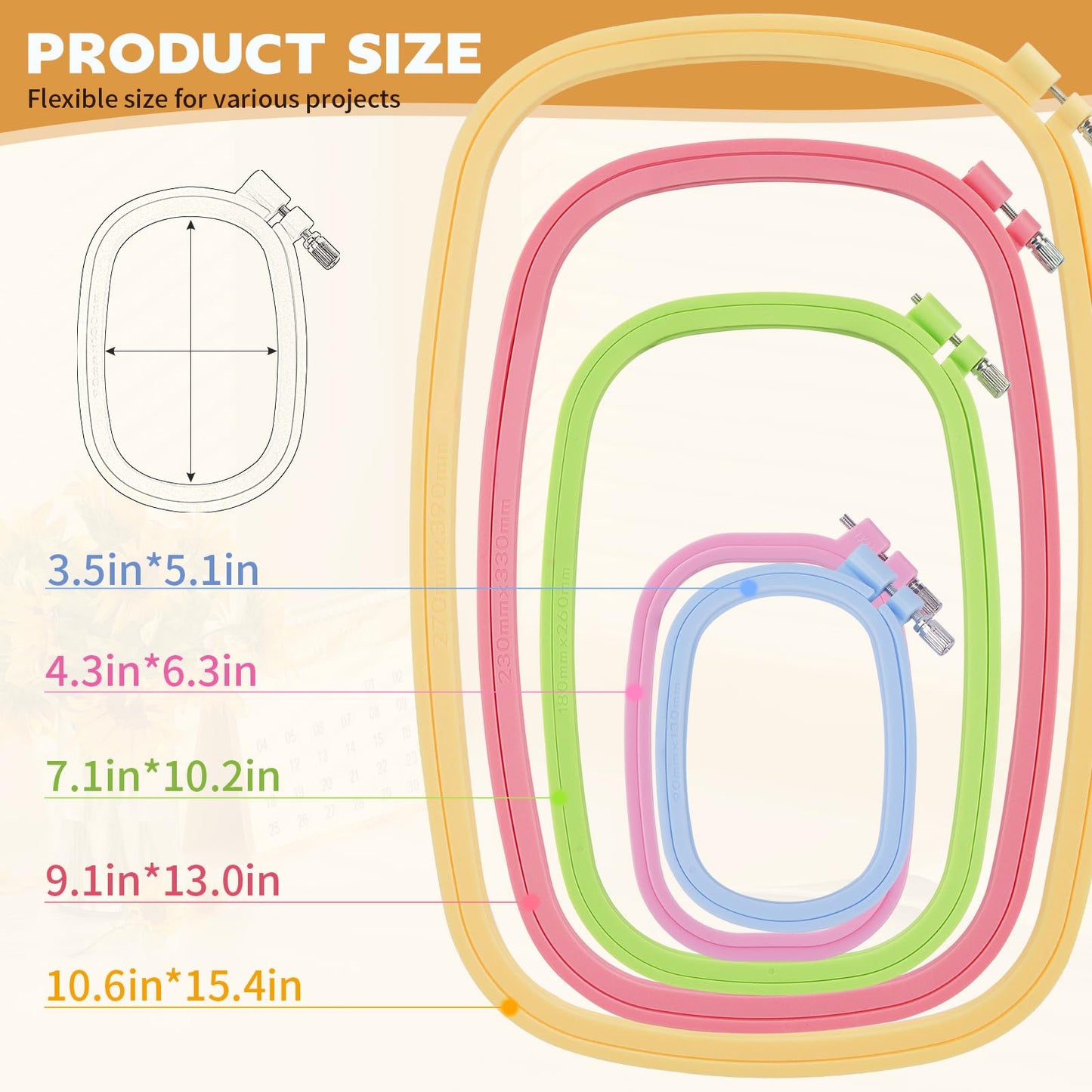5 Pack ABS Rectangular Embroidery Hoops Set, Cross Stitch Hoops 5 Inch 6 Inch 10 Inch 12 Inch 15 Inch Plastic Candy Color Embroidery Hoop for DIY Embroidery Craft