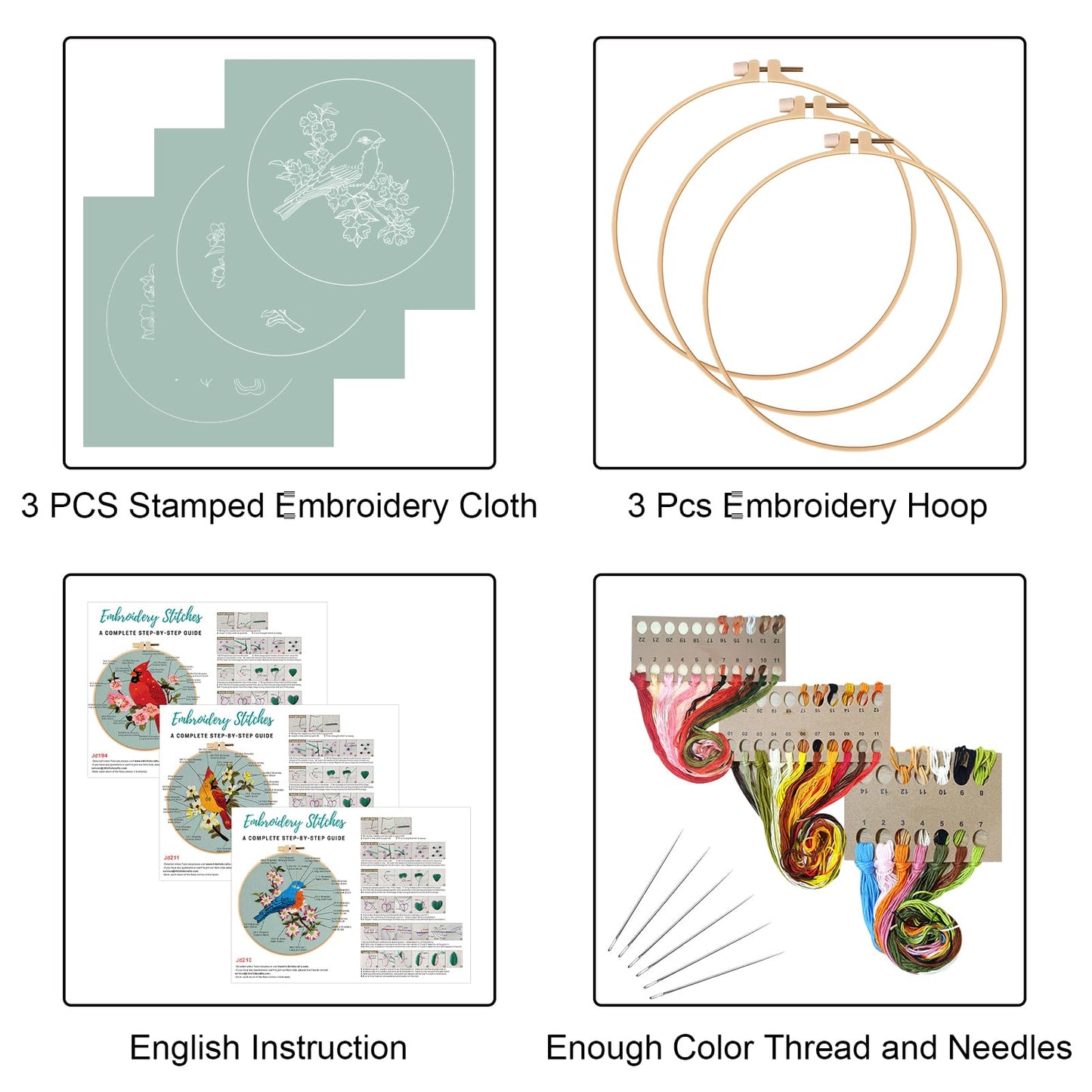 3 Sets Bird Embroidery Kits for Beginners,Adults Starter Flower Pattern Cross Stitch Kit DIY Needlepoint Kits with Embroidery Instructions