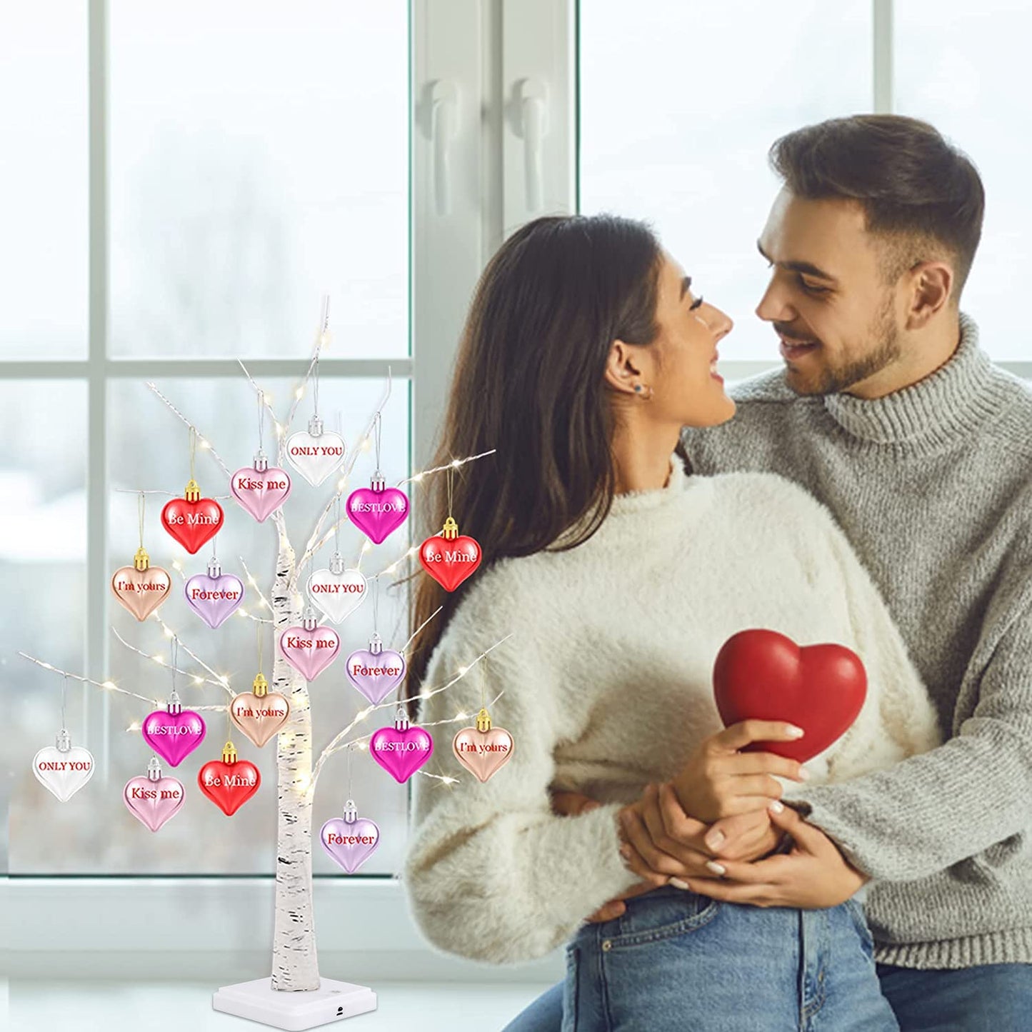 Valentine's Day Tree Decoration with LED Lights 21.7 Inch Tabletop Birch Tree with Timer Battery USB Powered with Valentine's Day Heart Ornaments for Home Valentine Wedding Decor