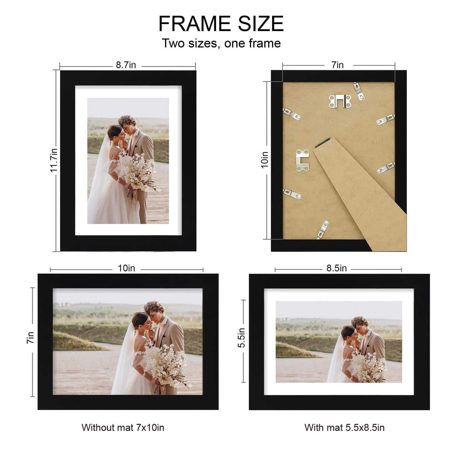 Hongkee 7x10 Picture Frame Set of 4, Made of Real Glass and Black Frame - Display 5.5 x 8.5 Diploma Frame with Mat or 7x10 Without Mat, 7 by 10 Photo for Wall or Tabletop