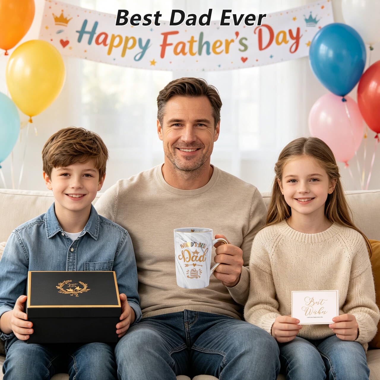 Fathers Day Birthday Gifts Presents for Dad from Daughter Son - World's Best Dad - Funny Daddy Mug with Gold Print, 14Oz Grey Marble Ceramic Coffee Cup, with Lid Spoon Greeting Card, Nice Gift Boxed