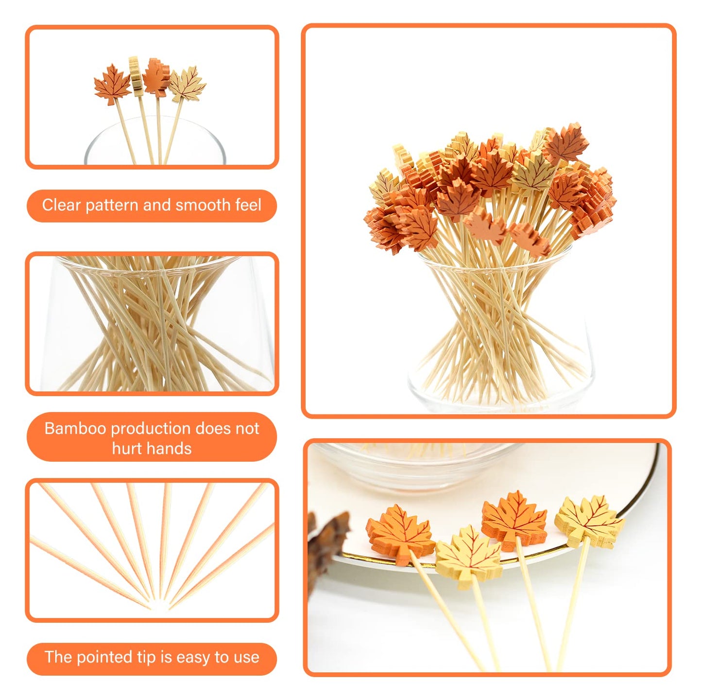 100pcs Maple Leaf Fall Cocktail Picks Long Food Toothpicks Fruit Sticks Sandwich Appetizer Charcuterie Skewers, Made of Bamboo Wood, for Autumn Themed Party Decoration Supplies (Maple Leaves)