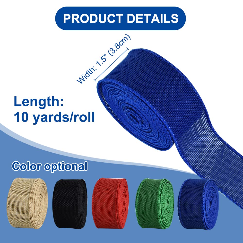TONIFUL Burlap Royal Blue Wired Ribbon, 1 1/2 inch 10 Yard Jute Ribbon for Decoration Bows Tree Toppers Ribbons Craft Gift Wrapping Wreath Sewing, for Winter Christmas Wreath Decor