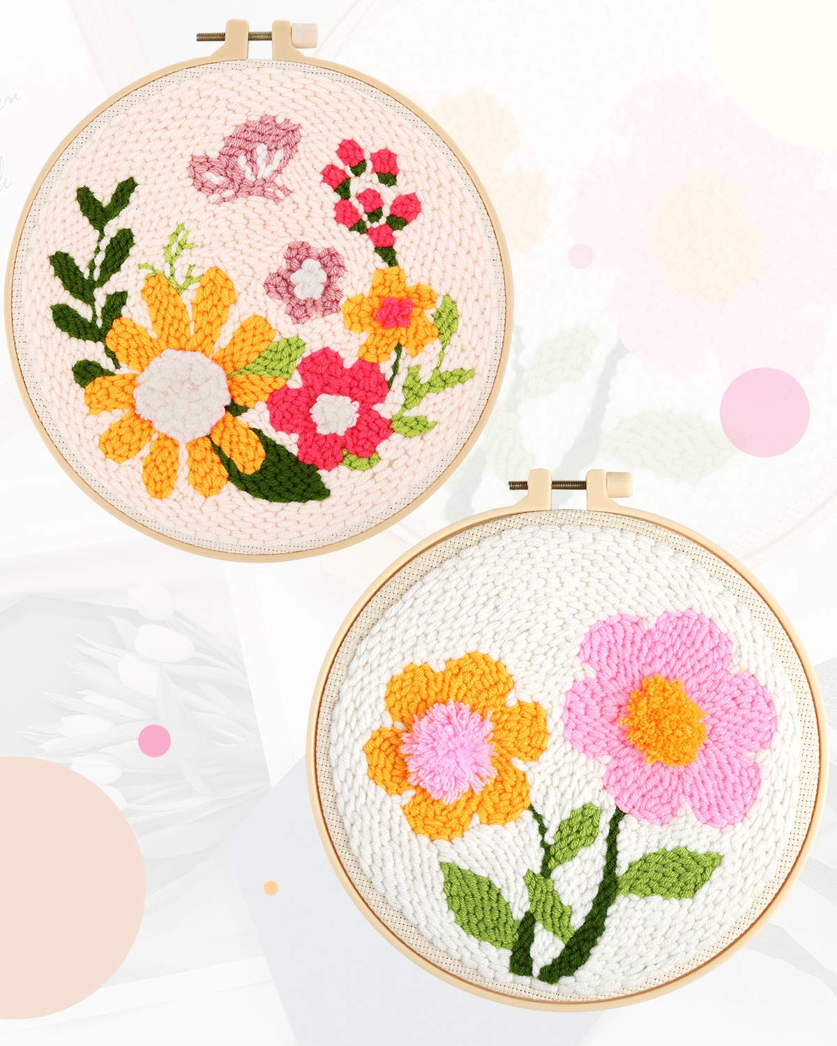 Pllieay 2 Set Punch Needle Embroidery Starter Kits Include Instructions, Punch Needle Fabric with Pattern, Yarns, Embroidery Hoops for Rug-Punch & Pinch Needle