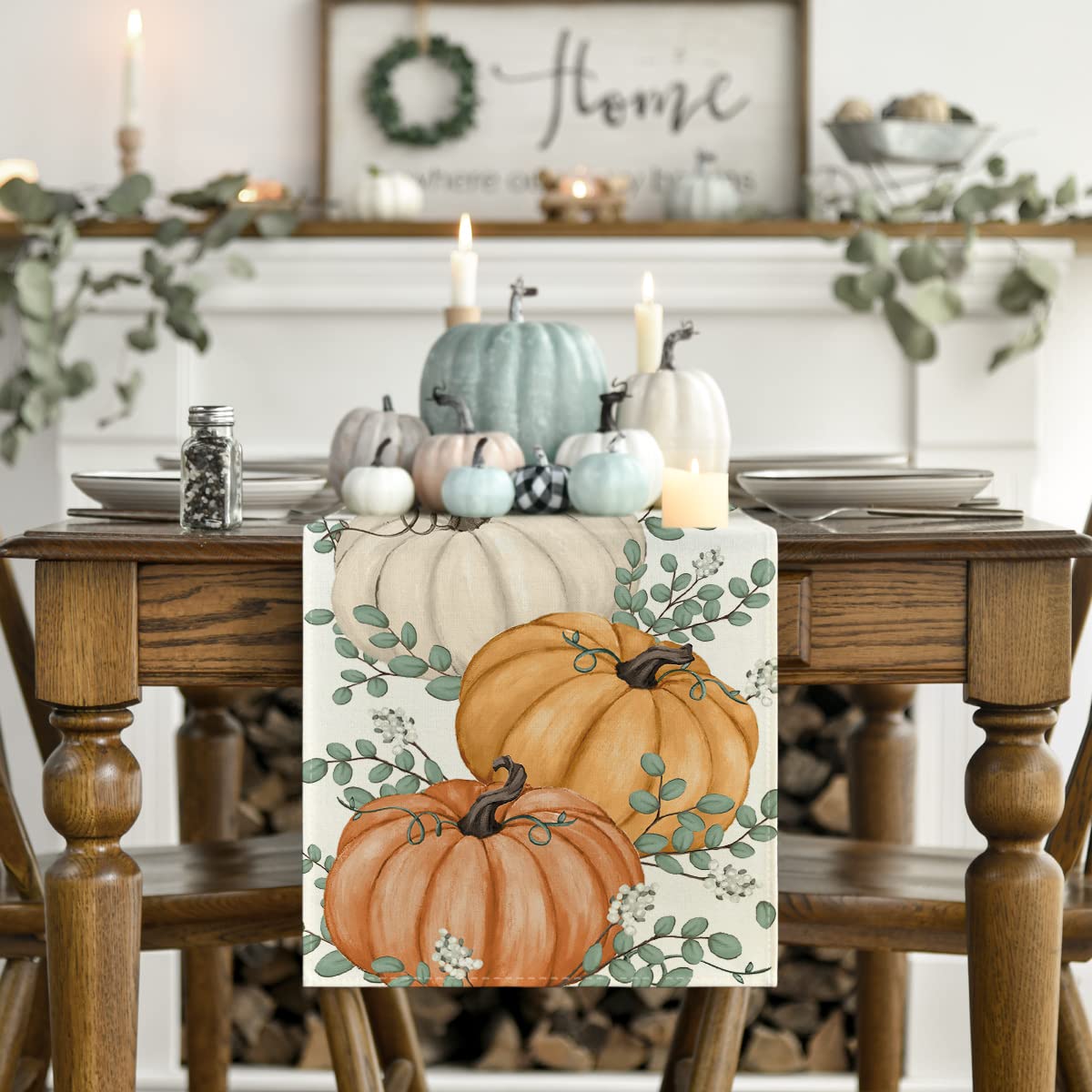 Artoid Mode Orange Pumpkins Eucalyptus Leaves Fall Table Runner, Autumn Thanksgiving Kitchen Dining Table Decoration for Home Party Decor 13x72 Inch