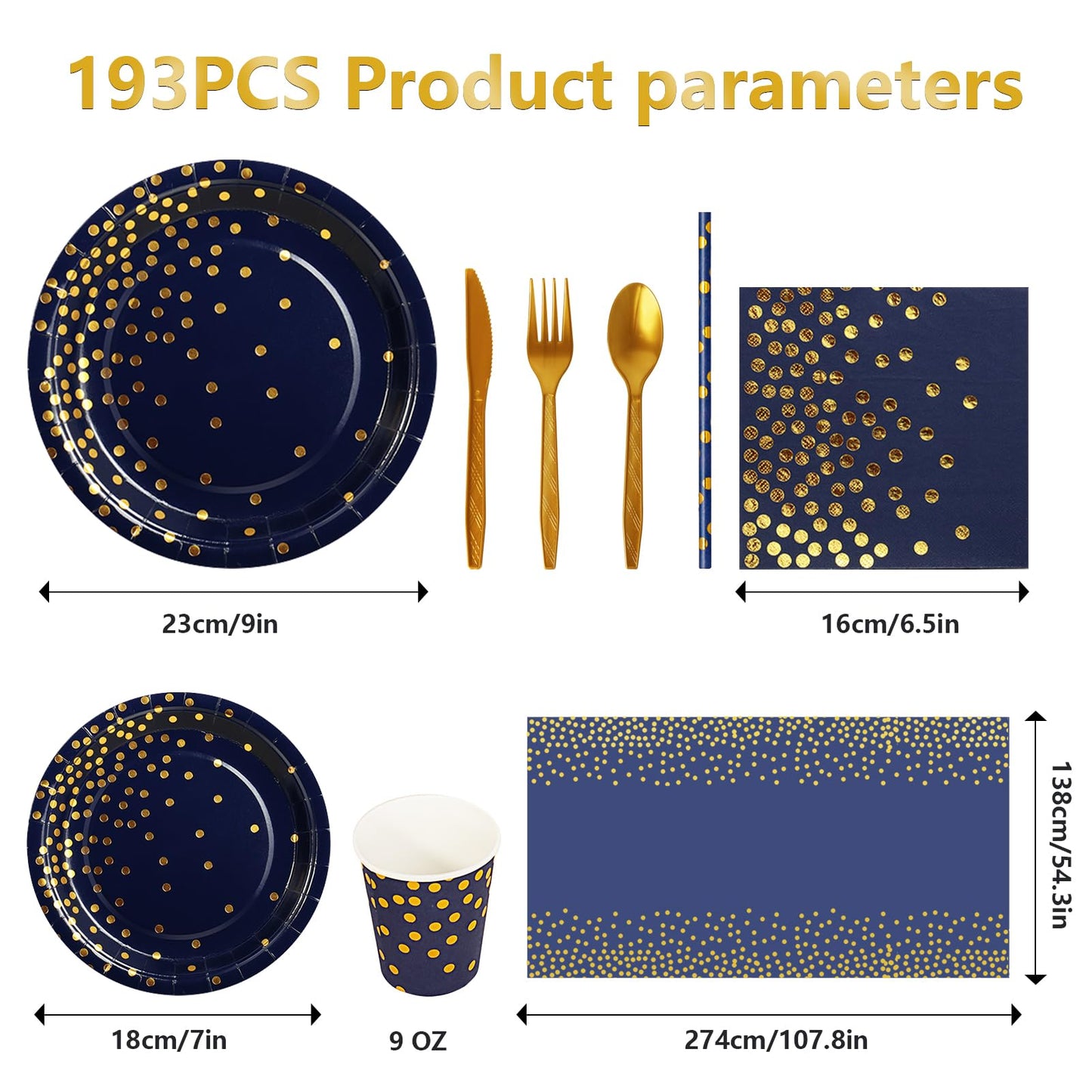 Nkaiso Paper Plates and Napkins Set, 193 Pieces Navy Blue Gold Party Supplies Includes Paper Plates Cups Napkins Straws and Cutlery for Birthday Wedding Holidays Parties Decorations-24 Guests