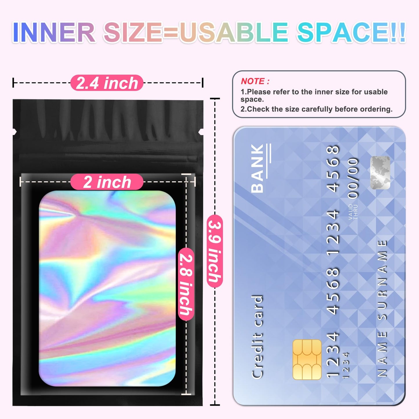100 Pieces Smell Proof Mylar Bags, Holographic Packaging Bag, Resealable Odor Foil Pouch Zipper Bags with Clear Window for Food Storage and Lipgloss, Jewelry Lash (Black, 2.4 x 3.9 Inch)