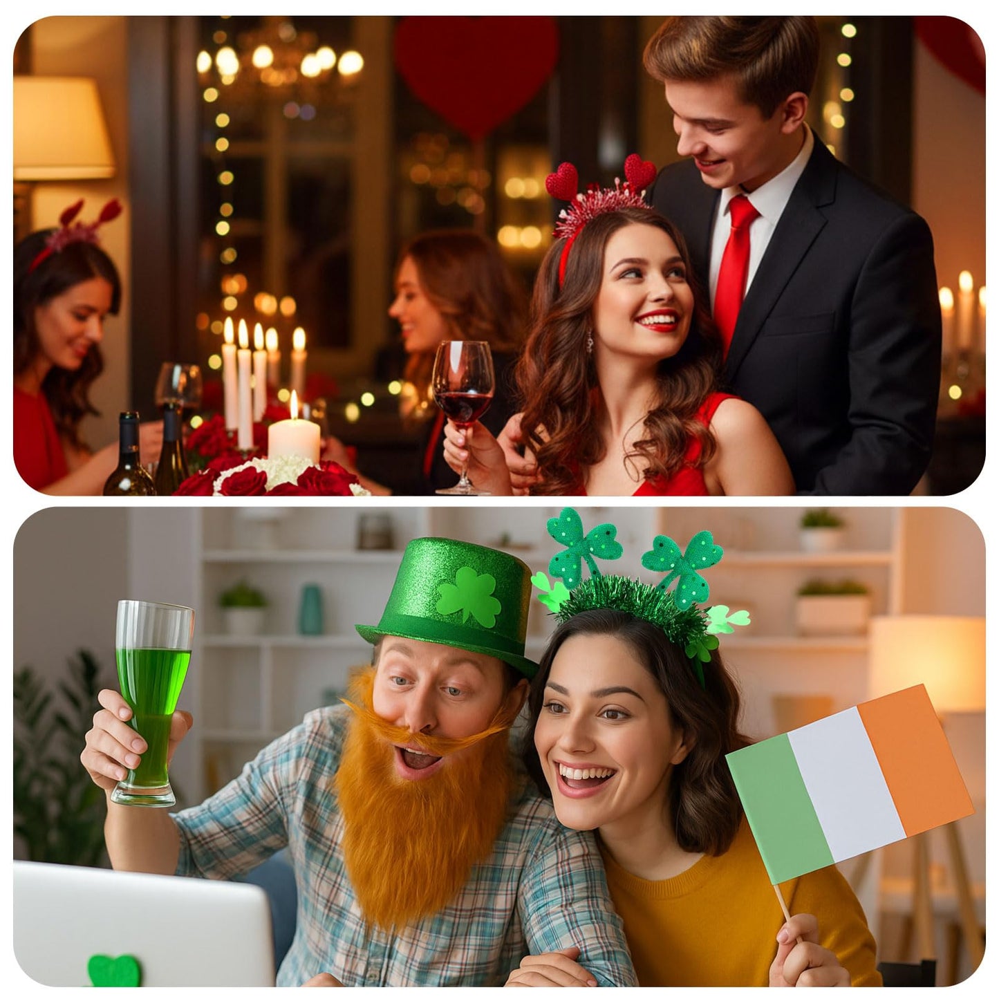 2 Pcs Valentine's Day St. Patrick's Day Headbands Set Sequin Heart and Green Clover Glittery Hair Accessories for Women Men Party Gift Decoration