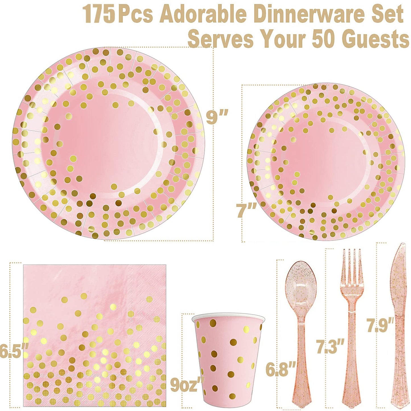 AIRE 175PCS Pink Rose Gold Plates Party Supplies Severs 25 Guests Disposable Party Decorations, Plastic Forks Knives Spoons, Golden Dot Paper Plates Napkins Cups for Baby Shower Birthday Wedding