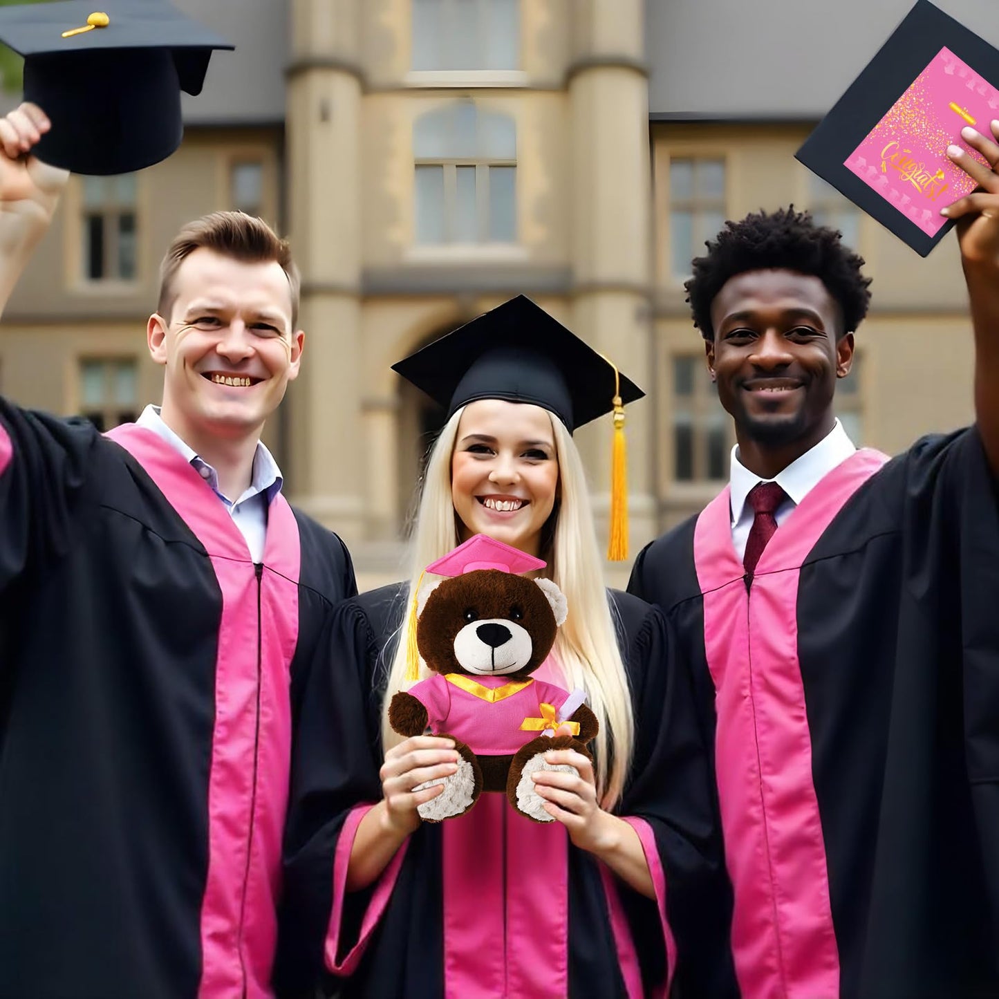 ZJoey Bear with Graduation Cap Toys Class of 2026 Plush Stuffed Teddy Bear Animal Dog Cap and Gown with Greeting Card and Bag for Graduation Day Gift(Pink)