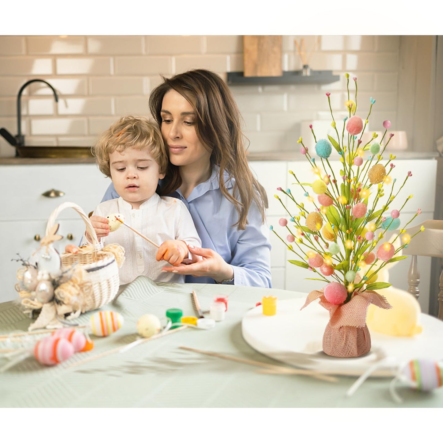 Easter Decorations, Artificial 18 Inch Pre-Lit Easter Egg Tree Tabletop Decor with Delicate Ornaments, for Home Party Wedding Holiday Spring Summer Decoration, Pink/Blue/Yellow.