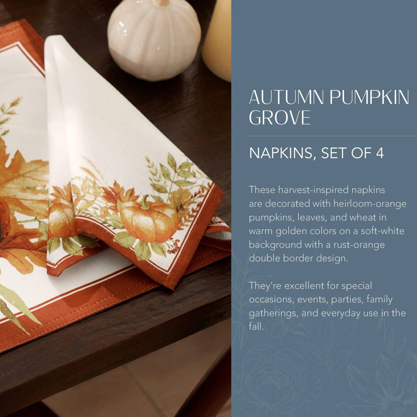Elrene Home Fashions Autumn Pumpkin Grove Fall Napkins, Seasonal Fall Cloth Napkins, 17" x 17", Set of 4