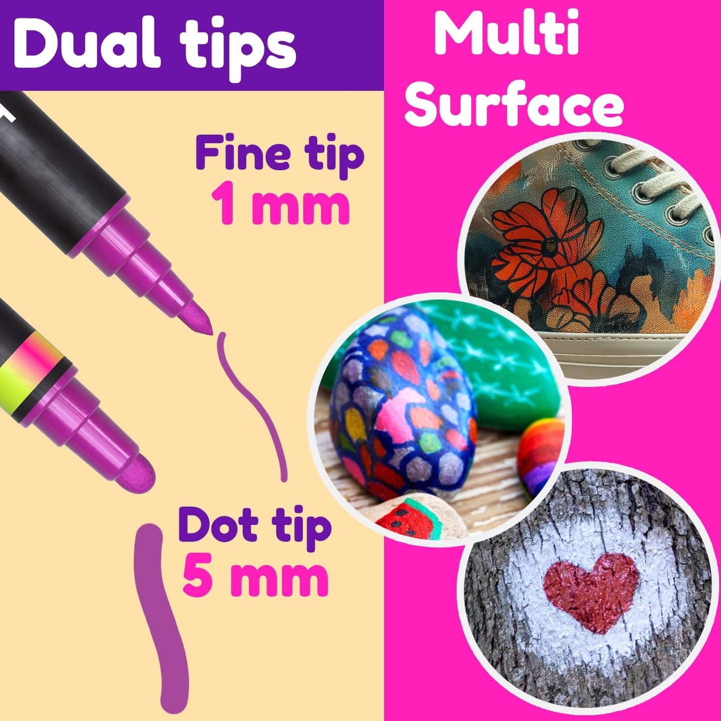 Acrylic Paint Markers Dual Tip (12 Pack) - Acrylic Markers Paint Pens for Rocks - Bold Acrylic Paint Pens Fine Tip and Dot Tip - Fabric Makers Permanent for Clothes Water Based Markers - Chalky Crown