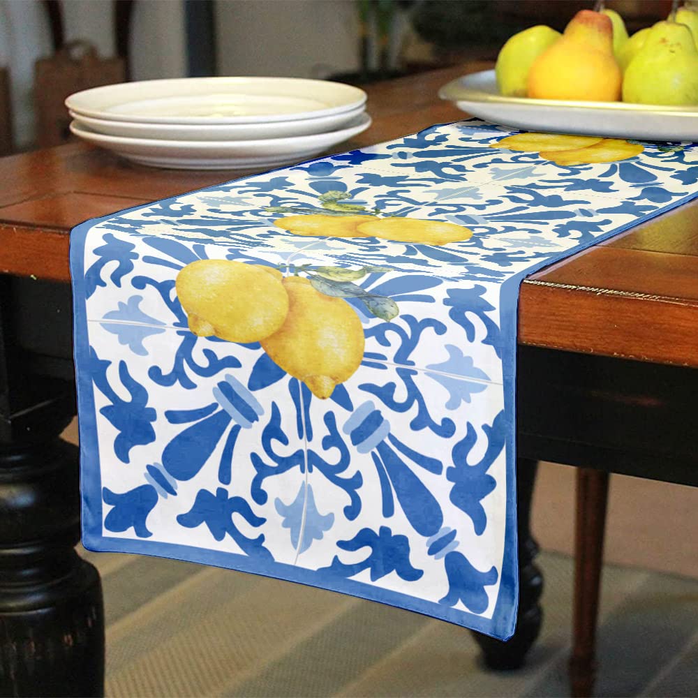 Italy Blue Tiles Runner Decorative, Italian Lemons Summer Table Runner Decorations for Dining Room Kitchen Dresser Decor for Party Holiday, Housewarming Gifts for Women Couple New Home, 13X72 Inches