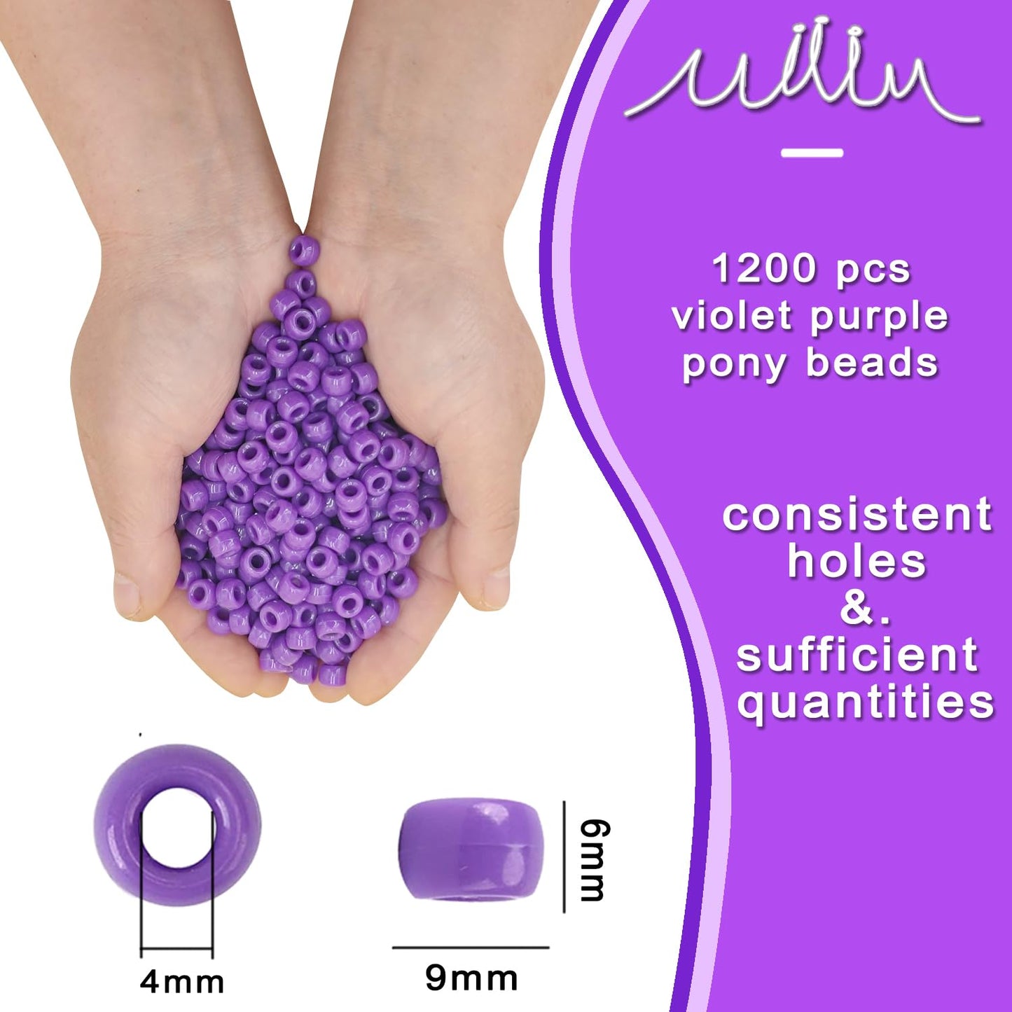 MIIIM 1200PCS 6x9mm Pony Beads Bulk, Violet Purple Pony Beads for Bracelets Making Kit, Kandi, Hair Braids Crafts for Jewelry Making (Violet Purple)
