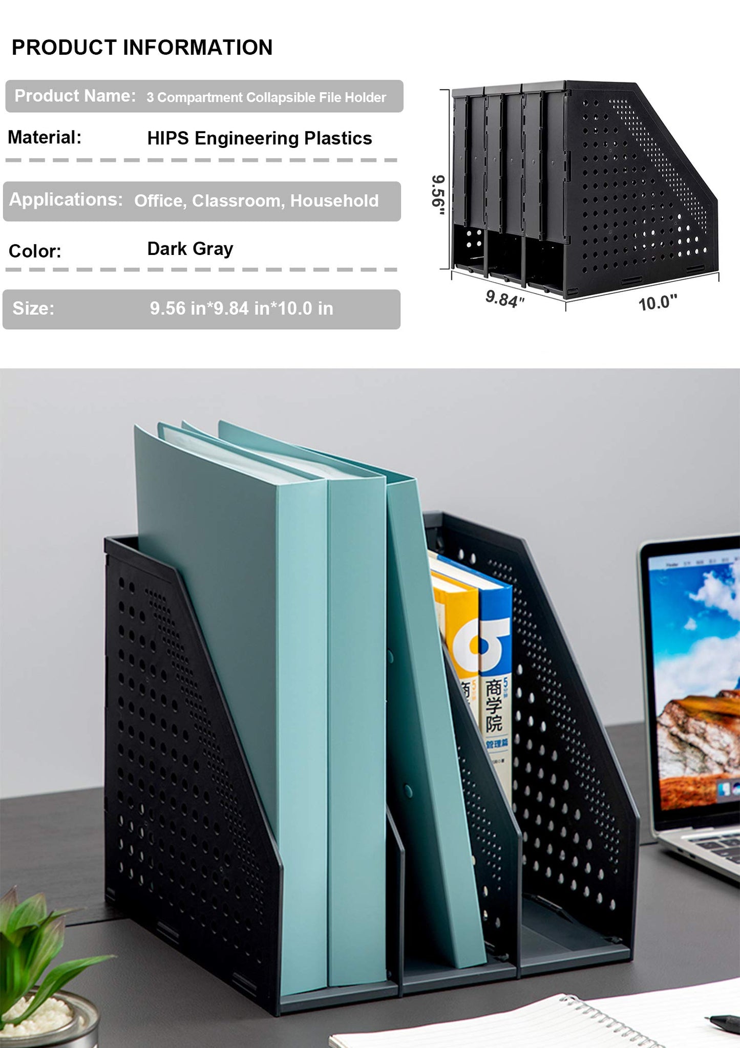 Leven Collapsible Magazine File Holder/Desk Organizer for Office Organization and Storage with 3 Vertical Compartments, Dark Grey,