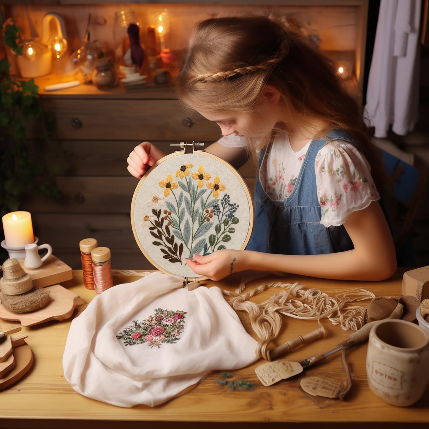 4 Sets Embroidery Set for Beginners, Art Craft, Easy Sewing, Includes Embroidery Clothing, Pattern, Embroidery Hoop, Instruction Manual, Colorful Thread Stitch Set (11)