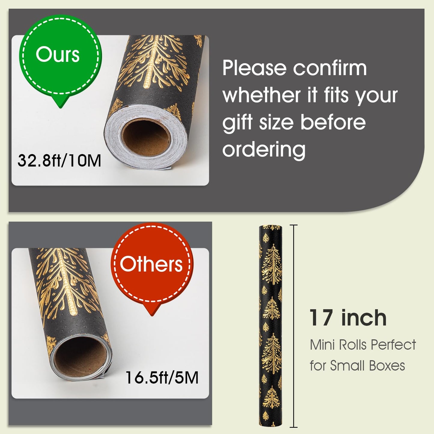 Black Kraf Christmas Wrapping Paper,Gold 3D Embossed Foil Christmas Pine Tree with Woodlands Wrap Paper for Holiday, Party,Celebration, New Year (17 Inch X 32.8 Feet)