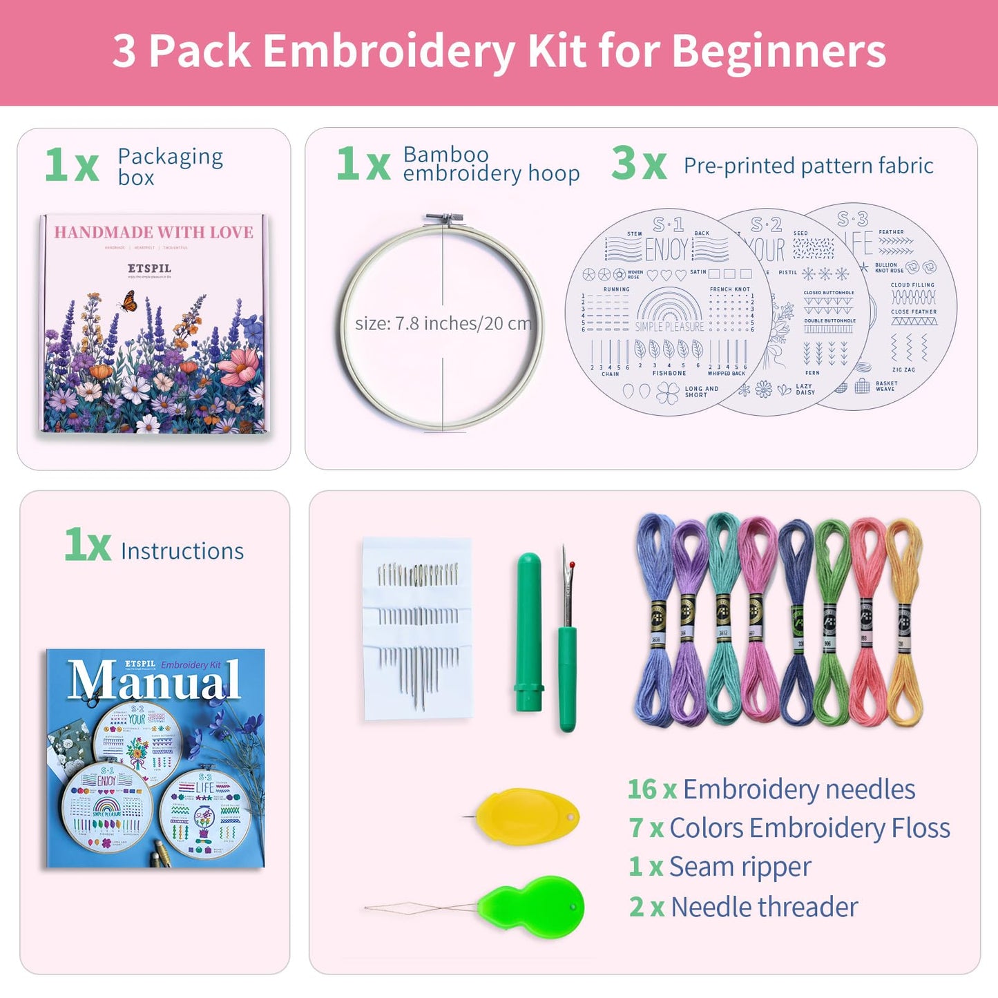 ETSPIL 3 Pack Embroidery Kit for Beginners and Adults,Learn 33 Stitches with DIY Stamped Flower Patterns – Includes Hoop, Color Threads, Tools, and Step-by-Step Instructions with Video Tutorials