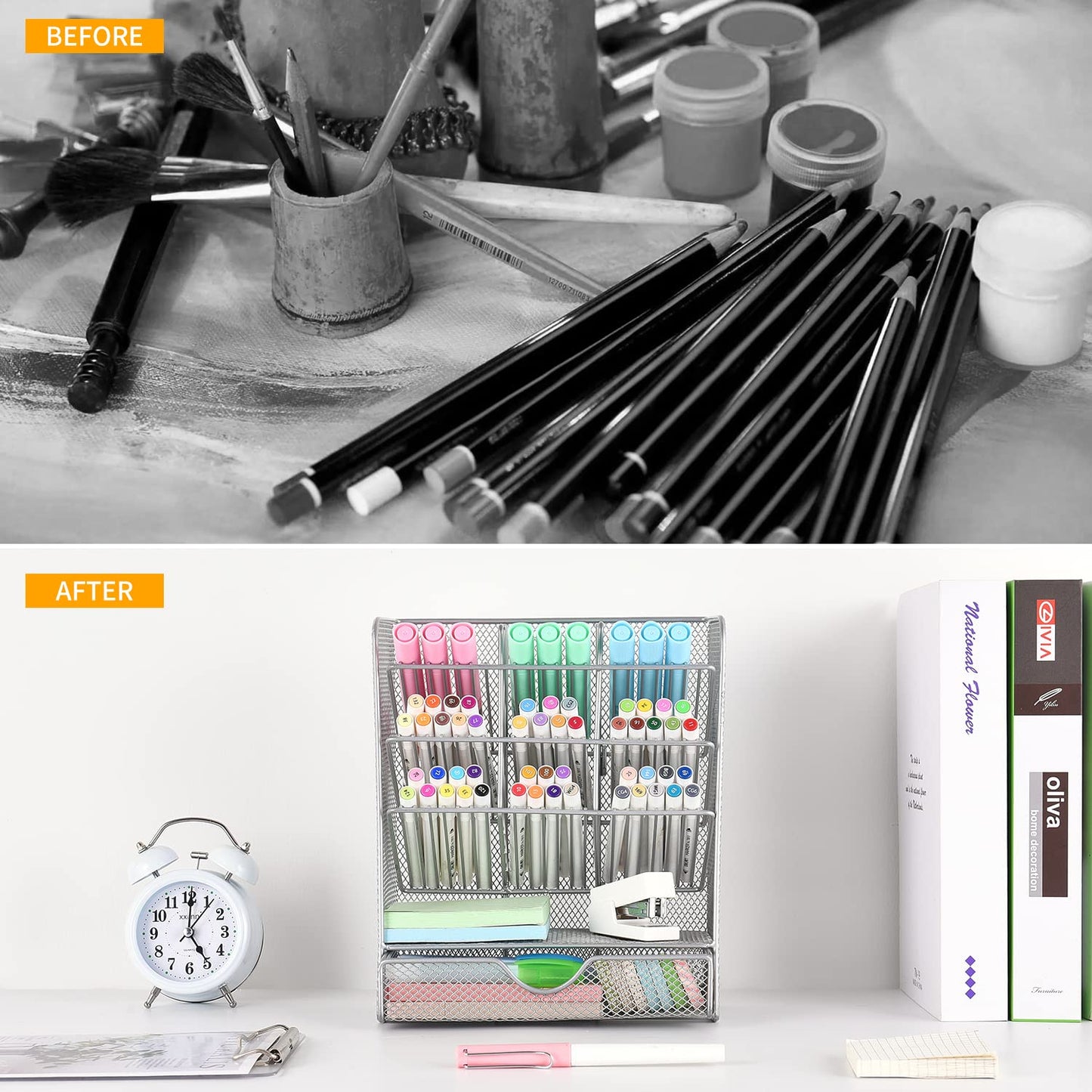 Spacrea Pen Holder Desk Organizer - Desk Organizers and Accessories, Pencil Holder with 10 Compartments and 1 Drawer (Silver)