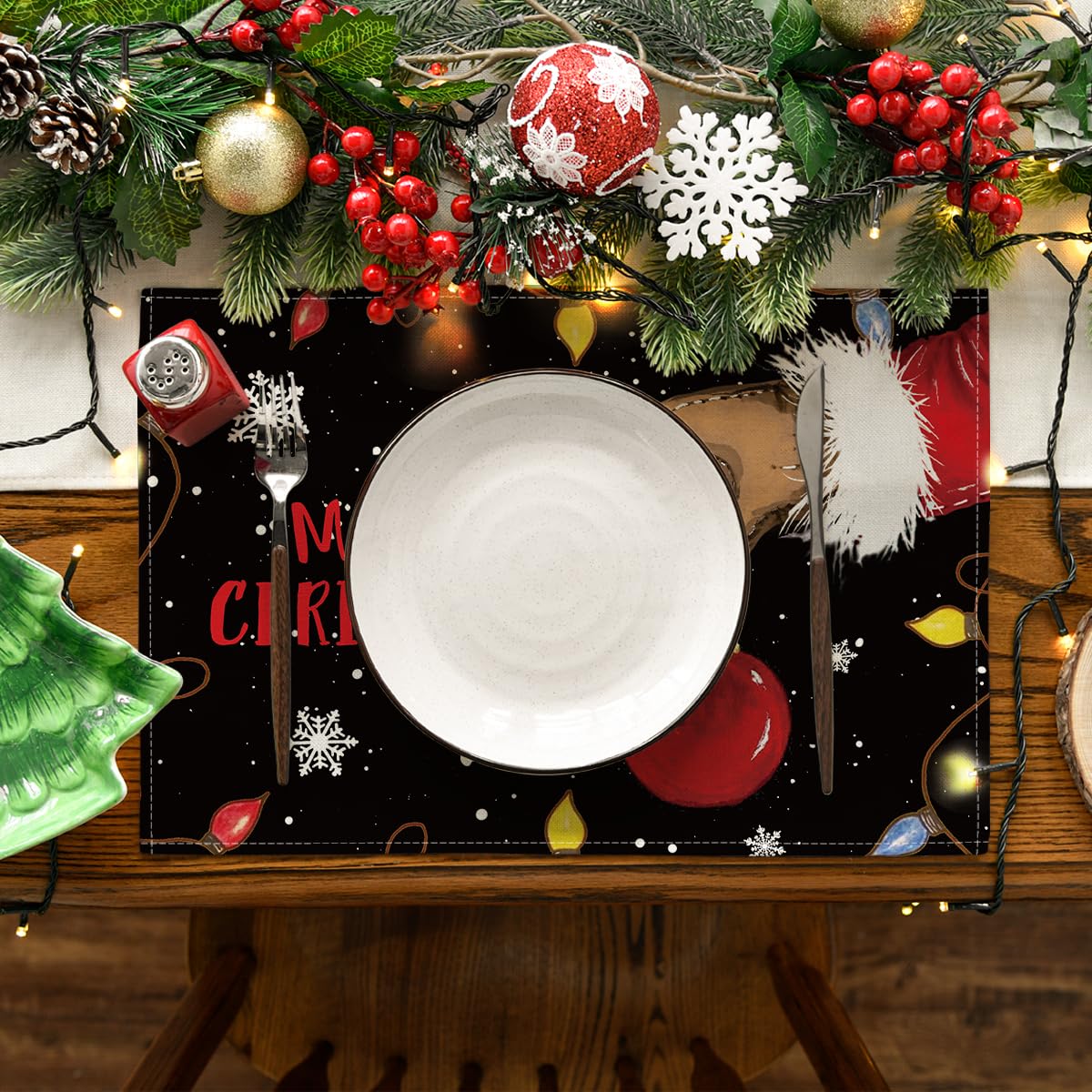 Xmas Ball Merry Christmas Placemats Set of 4, 12x18 Inch Seasonal Winter Holiday Black Table Mats for Party Kitchen Dining Decoration