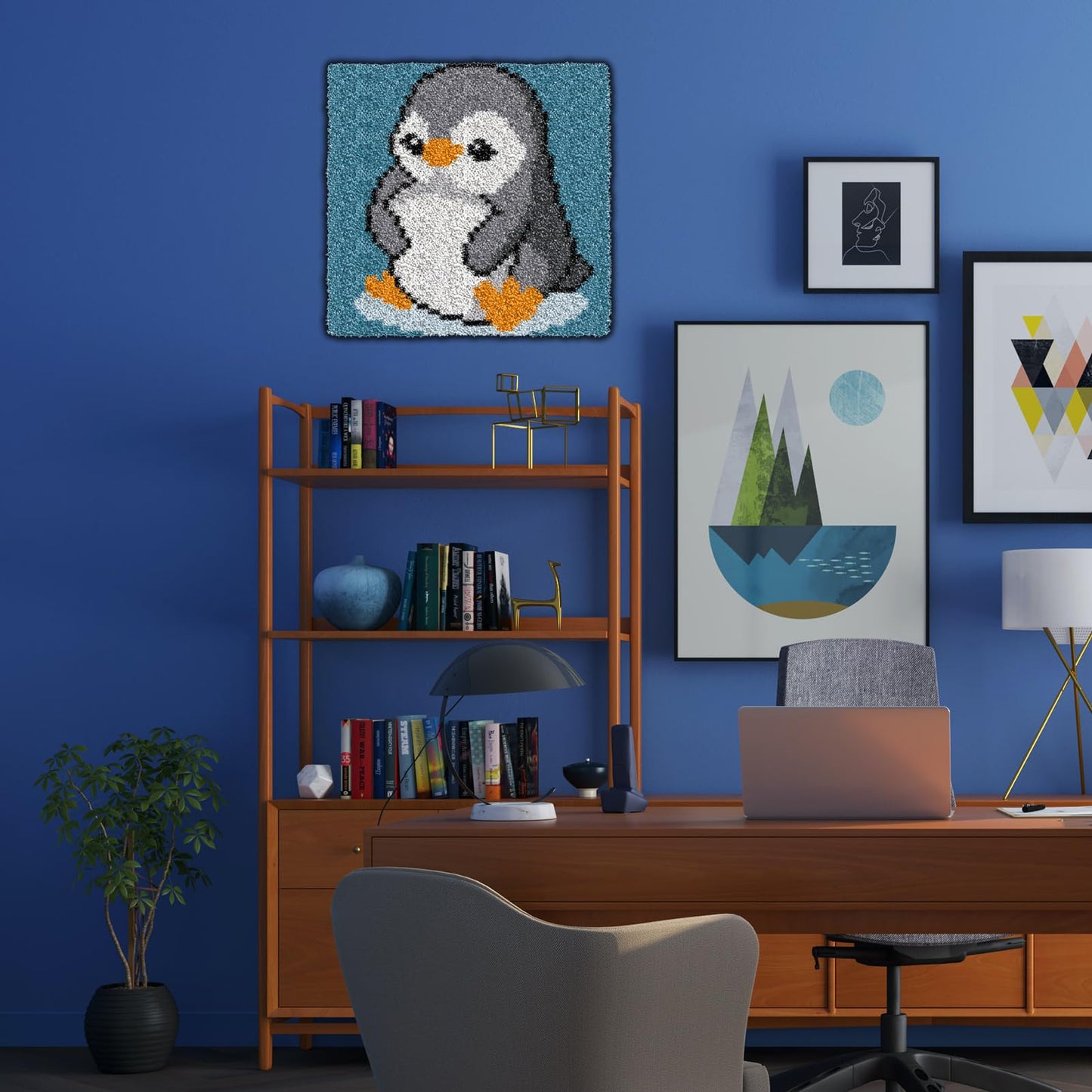 Latch Hook Kits for Kids Adults DIY Rug Tapestry Kits with Printed Canvas Embroidery Kits Festival Gifts Home Decoration (Penguin,11.8inch X 11.8inch)