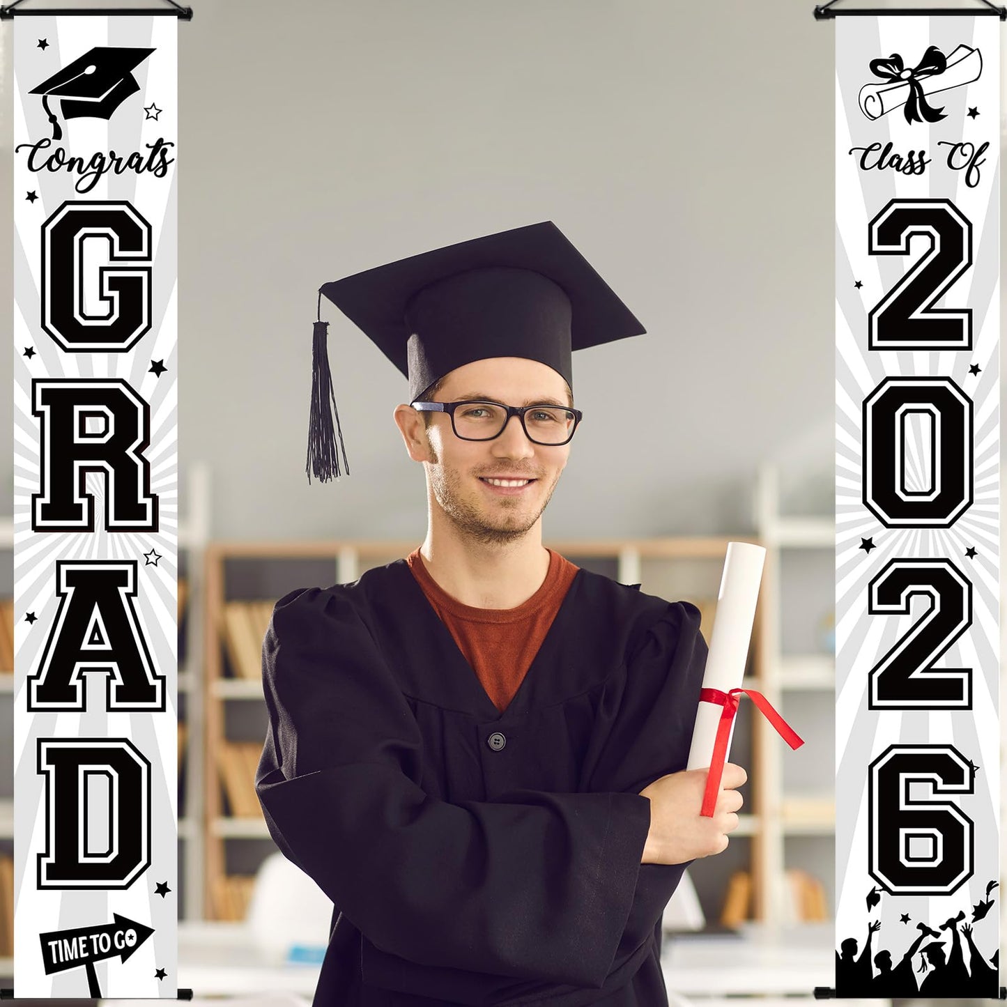 Graduation Banner 2026 Graduation Decorations Black and White Grad Banner Porch Sign Class of 2026 Door Decor Congrats Hanging Backdrop Black White Grad Party Decor for School Congratulations Supplies