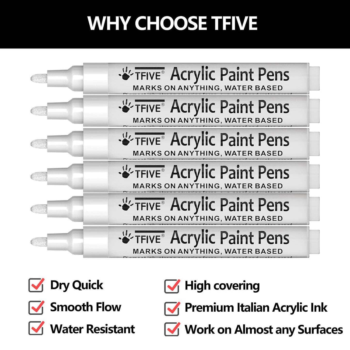 White Acrylic Paint Marker Pens - 2-3mm Medium Tip, 6 Pack Permanent White Water Based Paint Pen for DIY Projects, Paintings for Rock, Fabric, Wood, Leather, Metal, Ceramics, Paper, Glass, Plastic