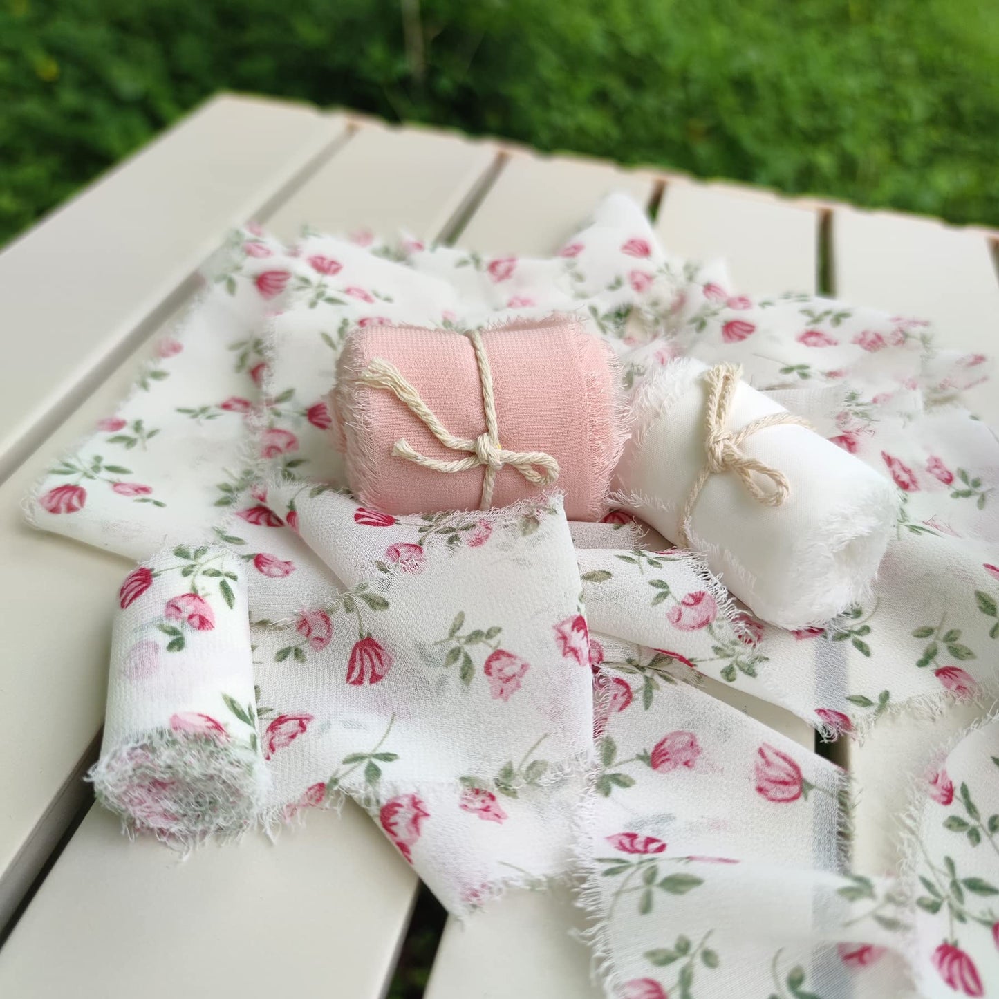 Mybbshower Floral Chiffon Fringe Ribbon 1.5" x 15Yd (3 Rolls *5Yd) for Wedding Invitations, Bridal Bouquets, DIY Tassel Garland Decorations, Gifts Wrapping & Bow Making (Pink White)