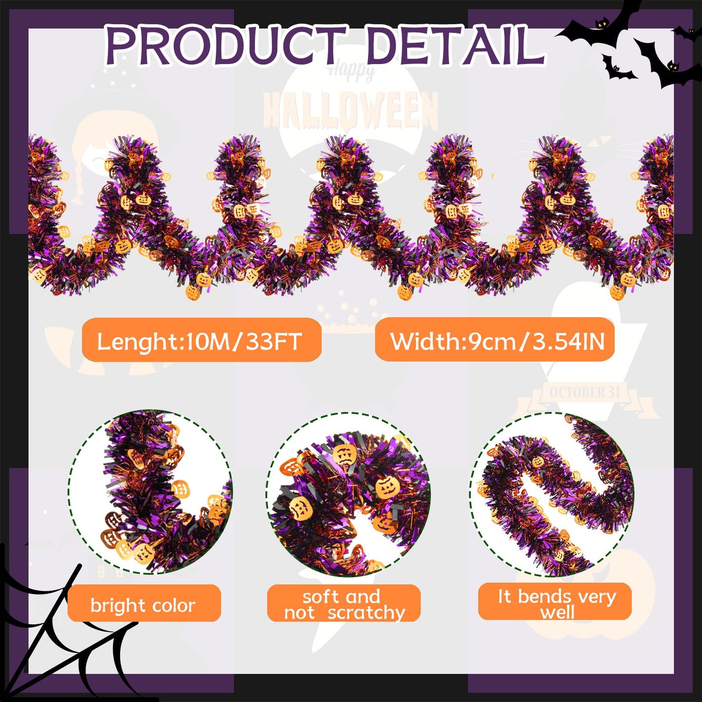 Gloreyan 33FT Halloween Tinsel Garland, Pumpkin Metallic Twist Foil Tinsel Garland Pumpkin Shiny Hanging Decorations for Halloween Party Decoration Supply