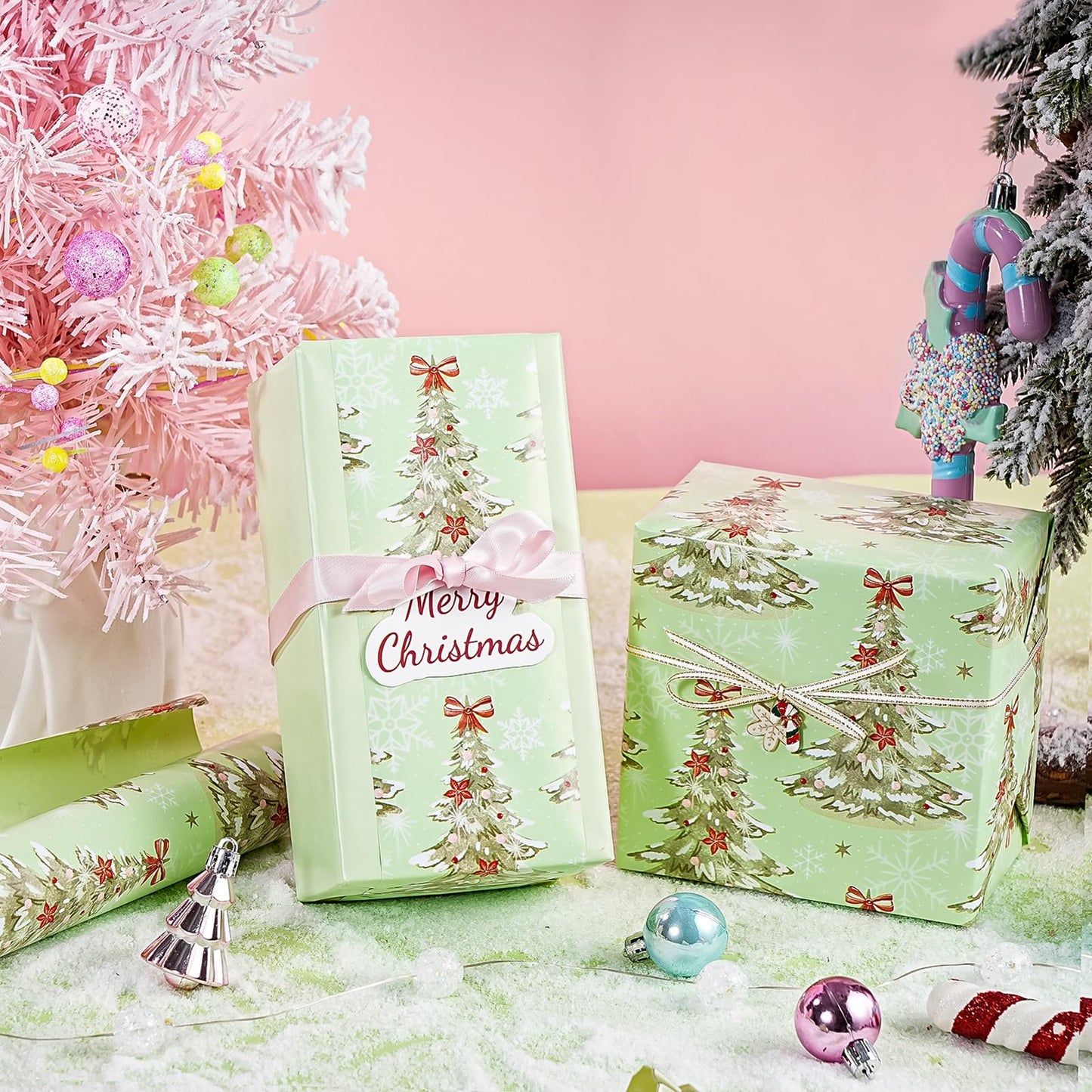 30 Inch Jumbo Reversible Christmas Wrapping Paper - 30 Inch x 33 Feet - Light Green Christmas Tree Wrapping Paper for Xmas Holiday, Party Celebration