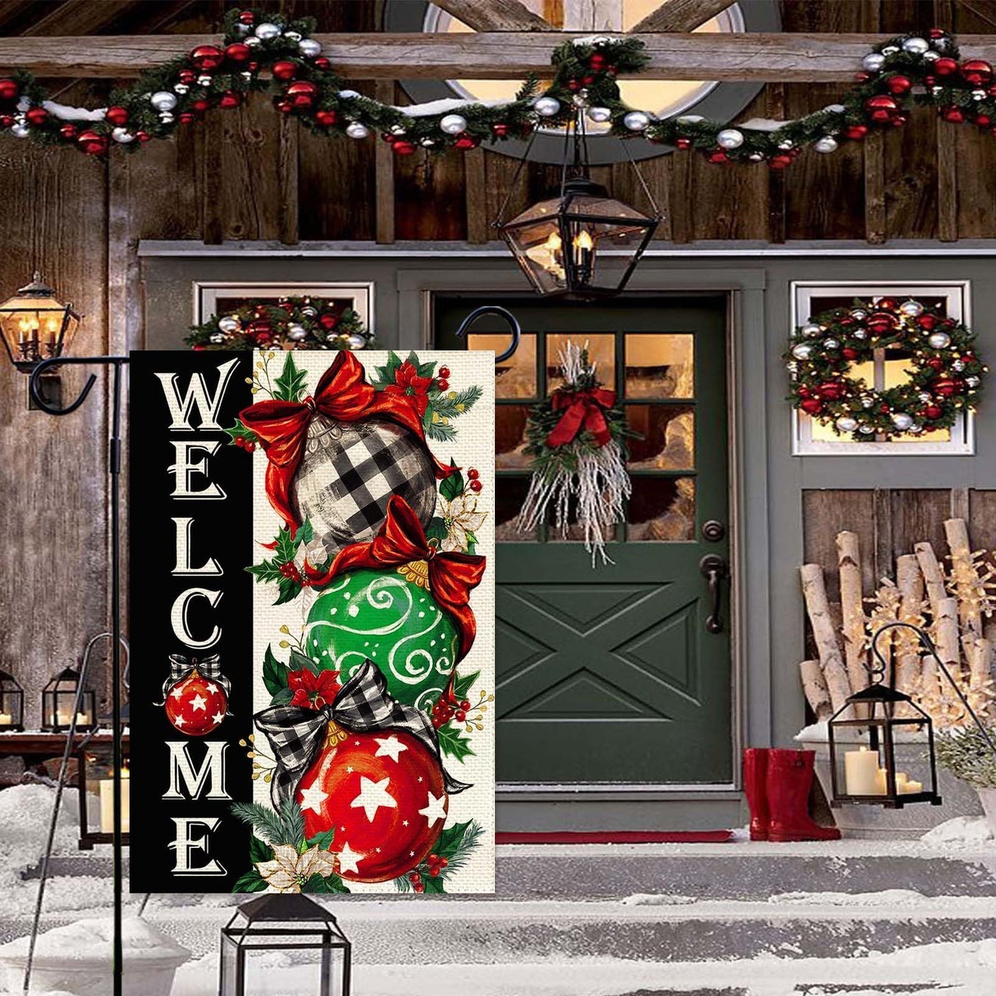 Baccessor Christmas Garden Flag 12.5 x 18 Inch Double Sided Burlap Winter Red Xmas Ball Ornament Small Yard Flag Winter Holiday Seasonal Outdoor Outside Decoration