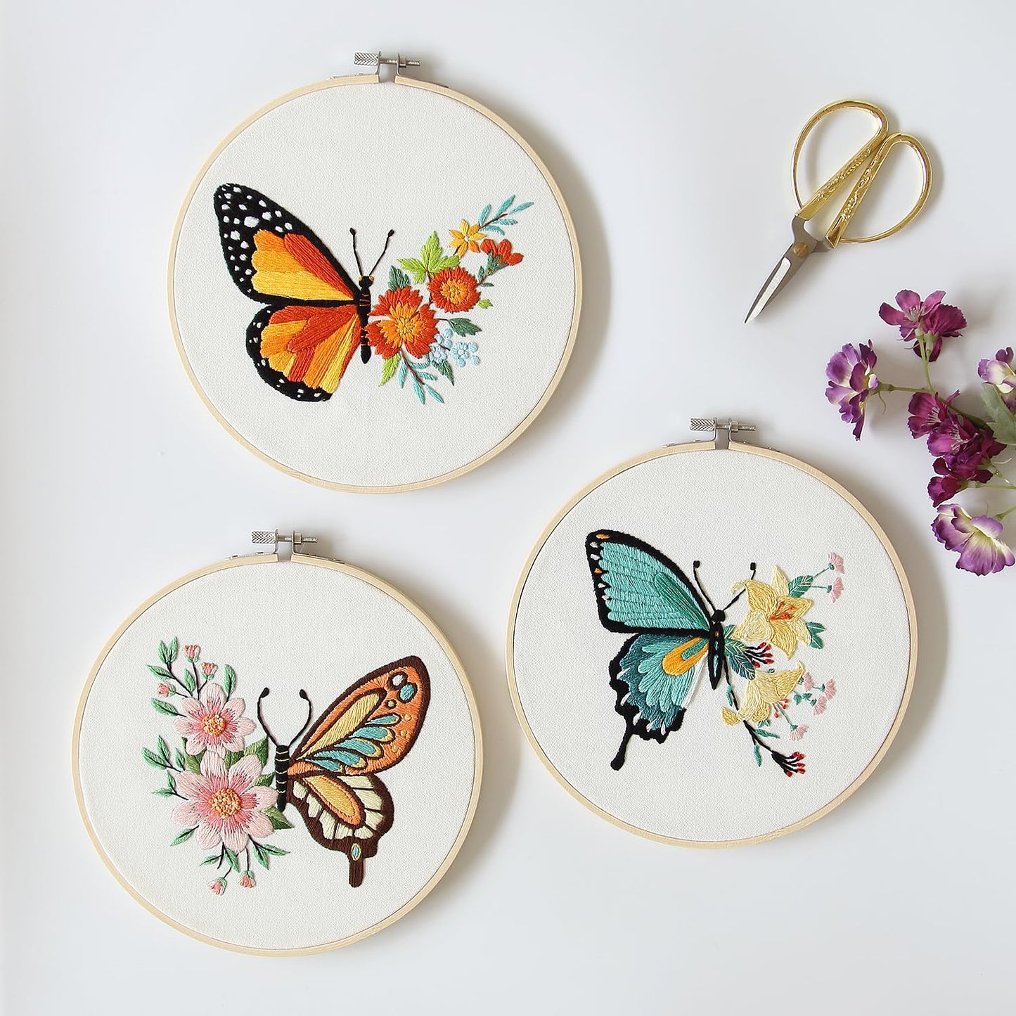 4 Sets Embroidery Set for Beginners, Art Craft, Easy Sewing, Includes Embroidery Clothing, Pattern, Embroidery Hoop, Instruction Manual, Colorful Thread Needles Set (Butterfly)